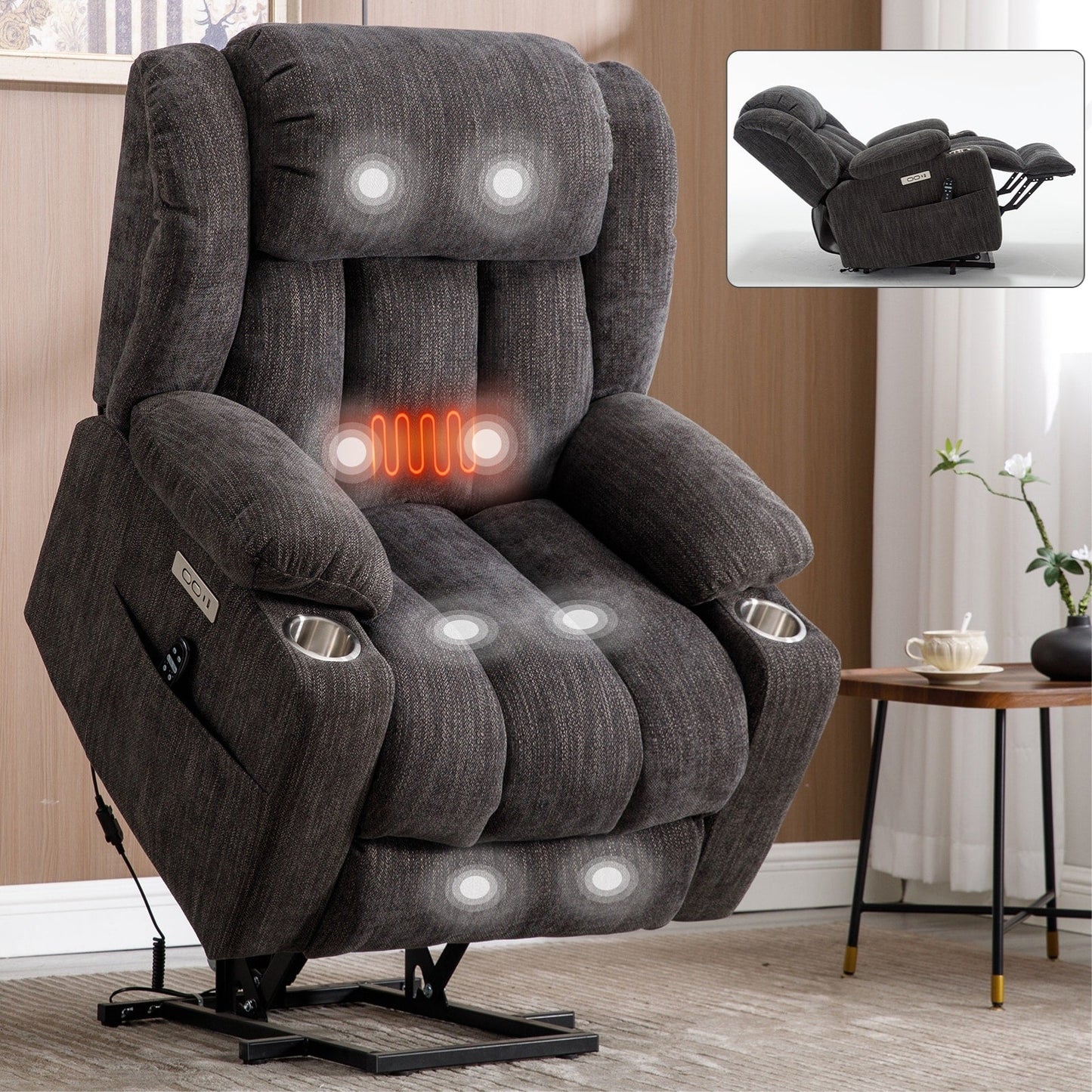Poltrona reclinabile elettrica Chenille con massaggio, riscaldamento, USB, tipo C, portabicchieri