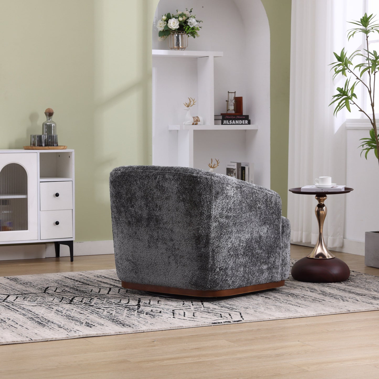 Poltrona girevole in ciniglia, comodo divano decorativo a 360 gradi per soggiorno, camera da letto e studio con cuscino rimovibile