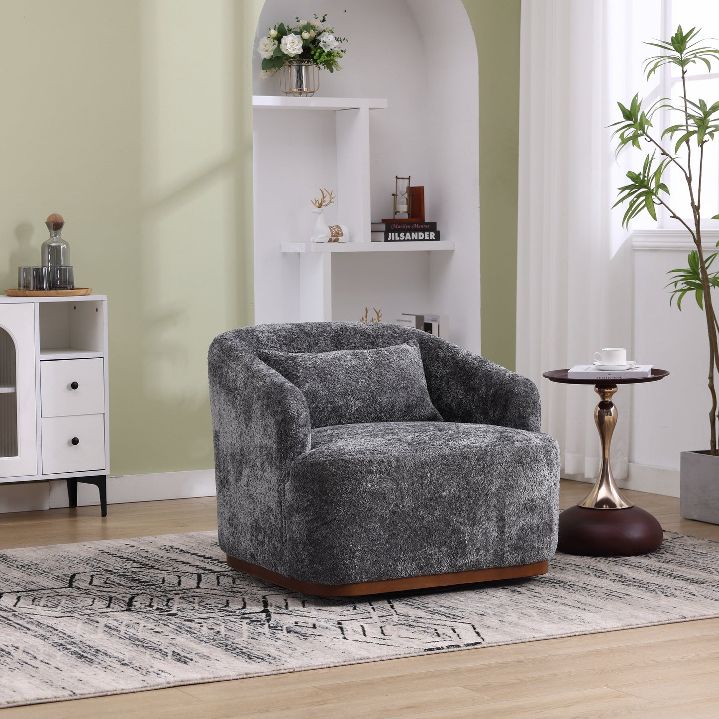 Poltrona girevole in ciniglia, comodo divano decorativo a 360 gradi per soggiorno, camera da letto e studio con cuscino rimovibile