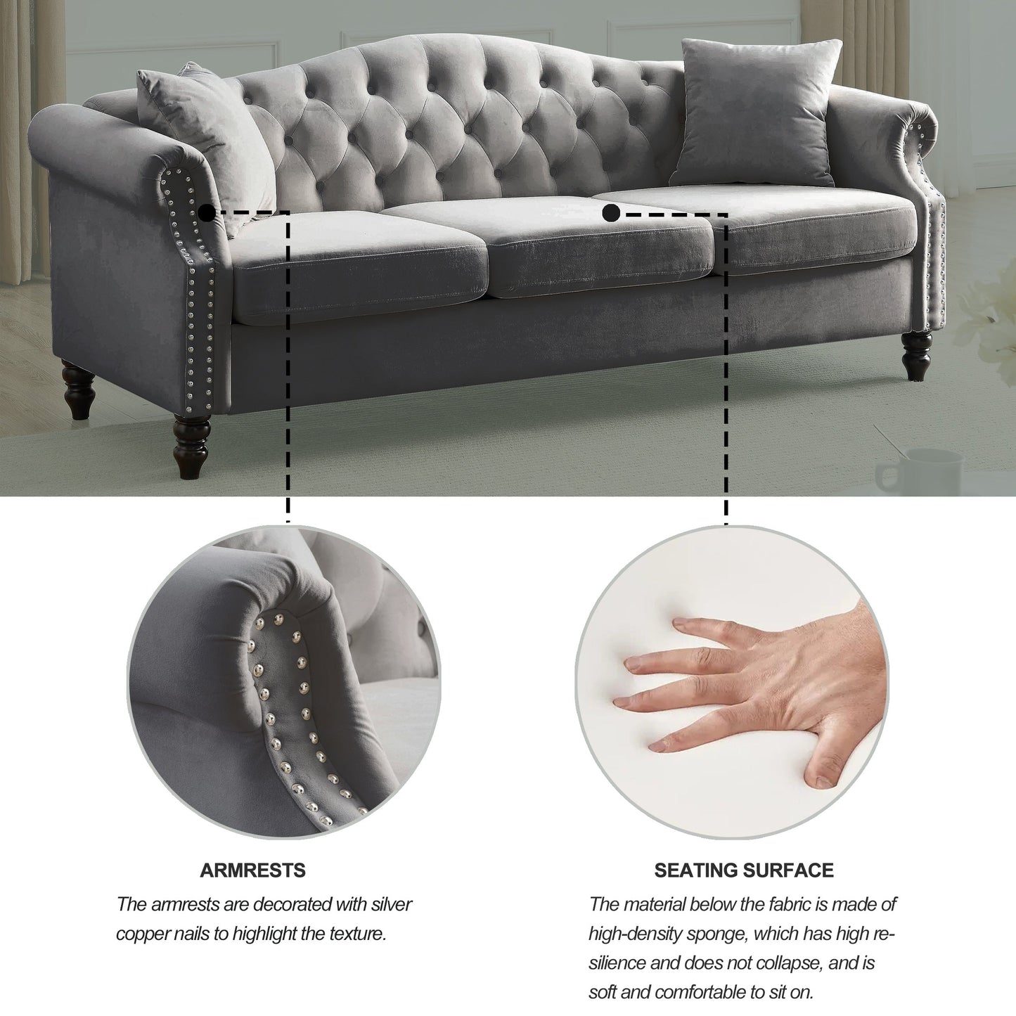 Divano Chesterfield imbottito a 3 posti con braccioli arrotolati e borchie