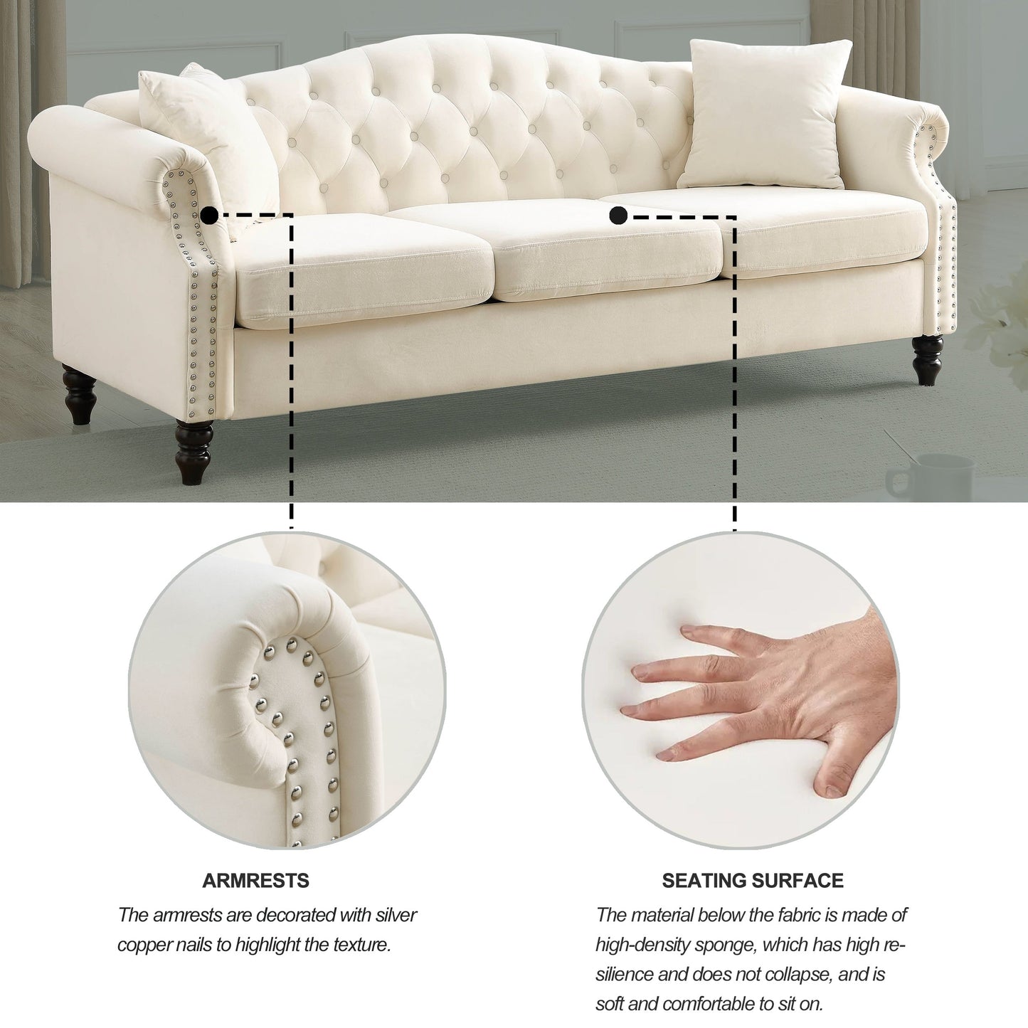Divano Chesterfield imbottito a 3 posti con braccioli arrotolati e borchie