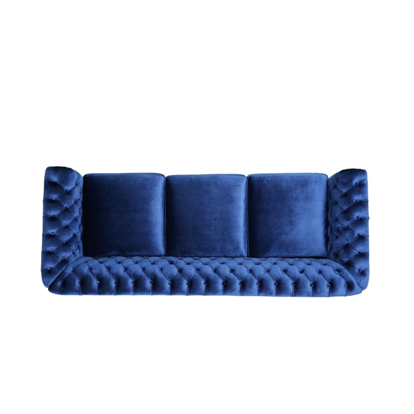 Divano Chesterfield 84.75 imbottito a 3 posti con bottoni, borchie e gambe in legno per soggiorno