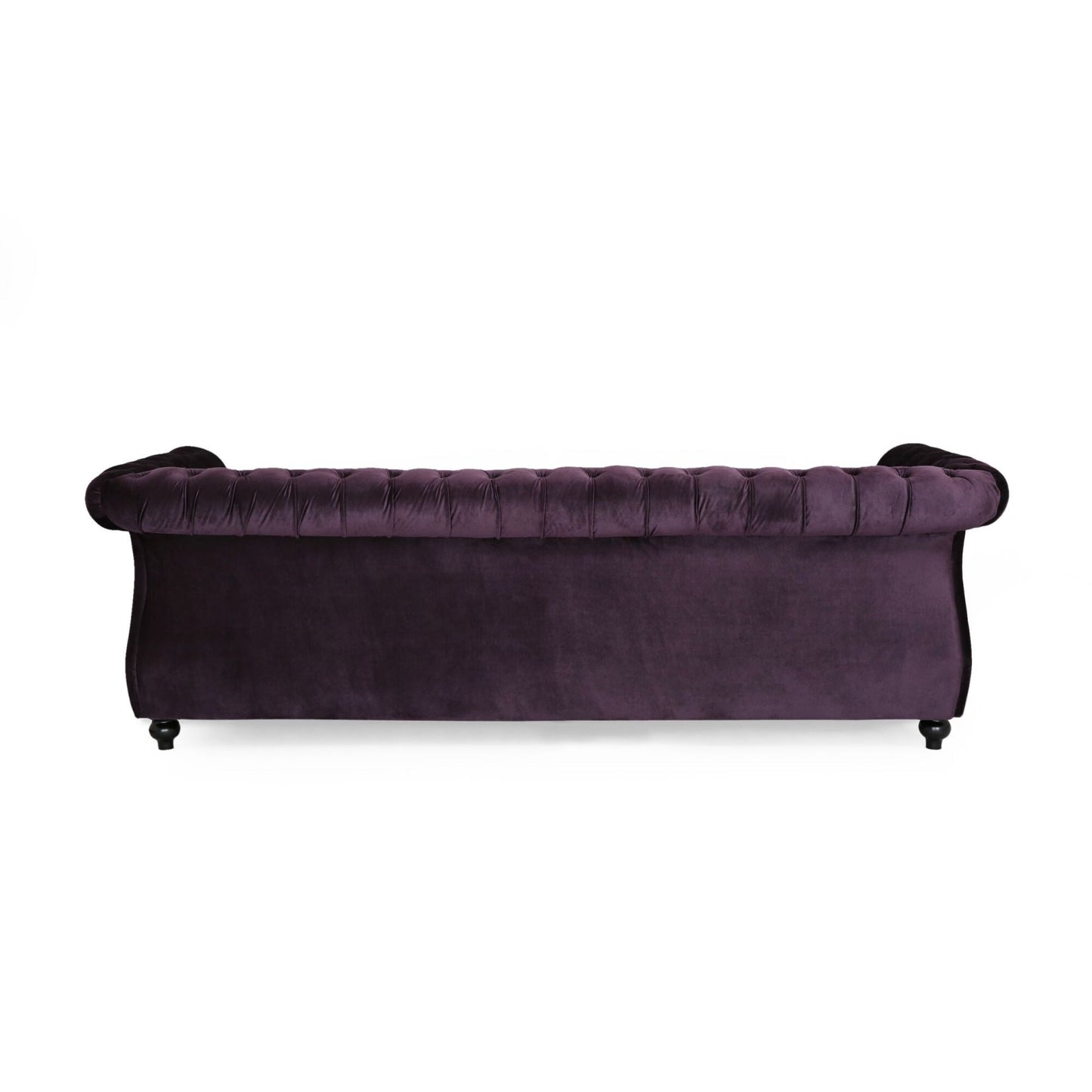 Divano Chesterfield 84.75 imbottito a 3 posti con bottoni, borchie e gambe in legno per soggiorno