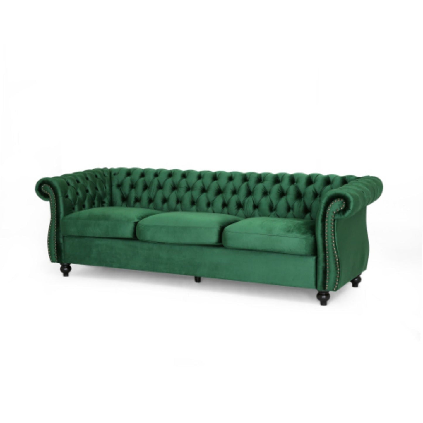 Divano Chesterfield 84.75 imbottito a 3 posti con bottoni, borchie e gambe in legno per soggiorno