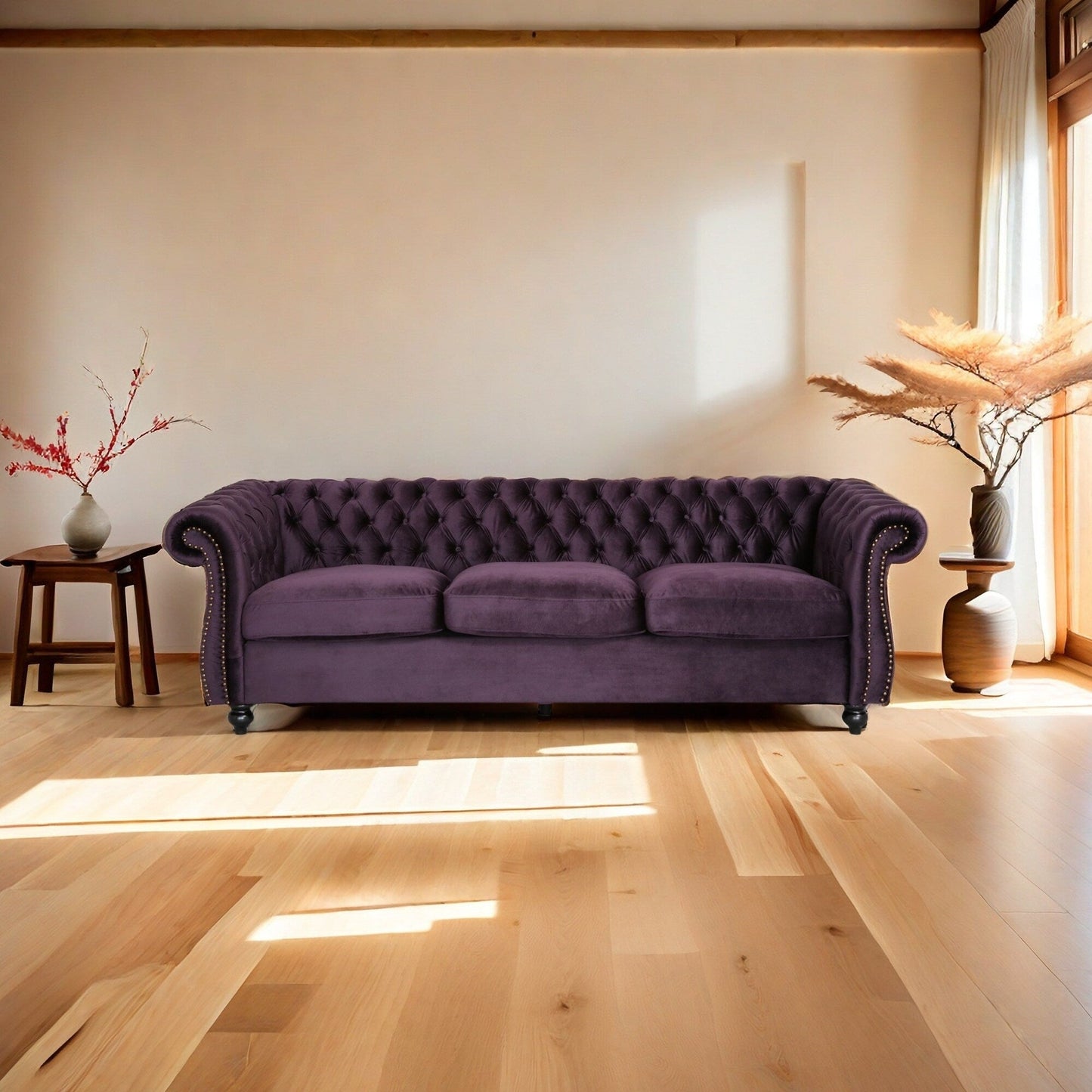 Divano Chesterfield 84.75 imbottito a 3 posti con bottoni, borchie e gambe in legno per soggiorno
