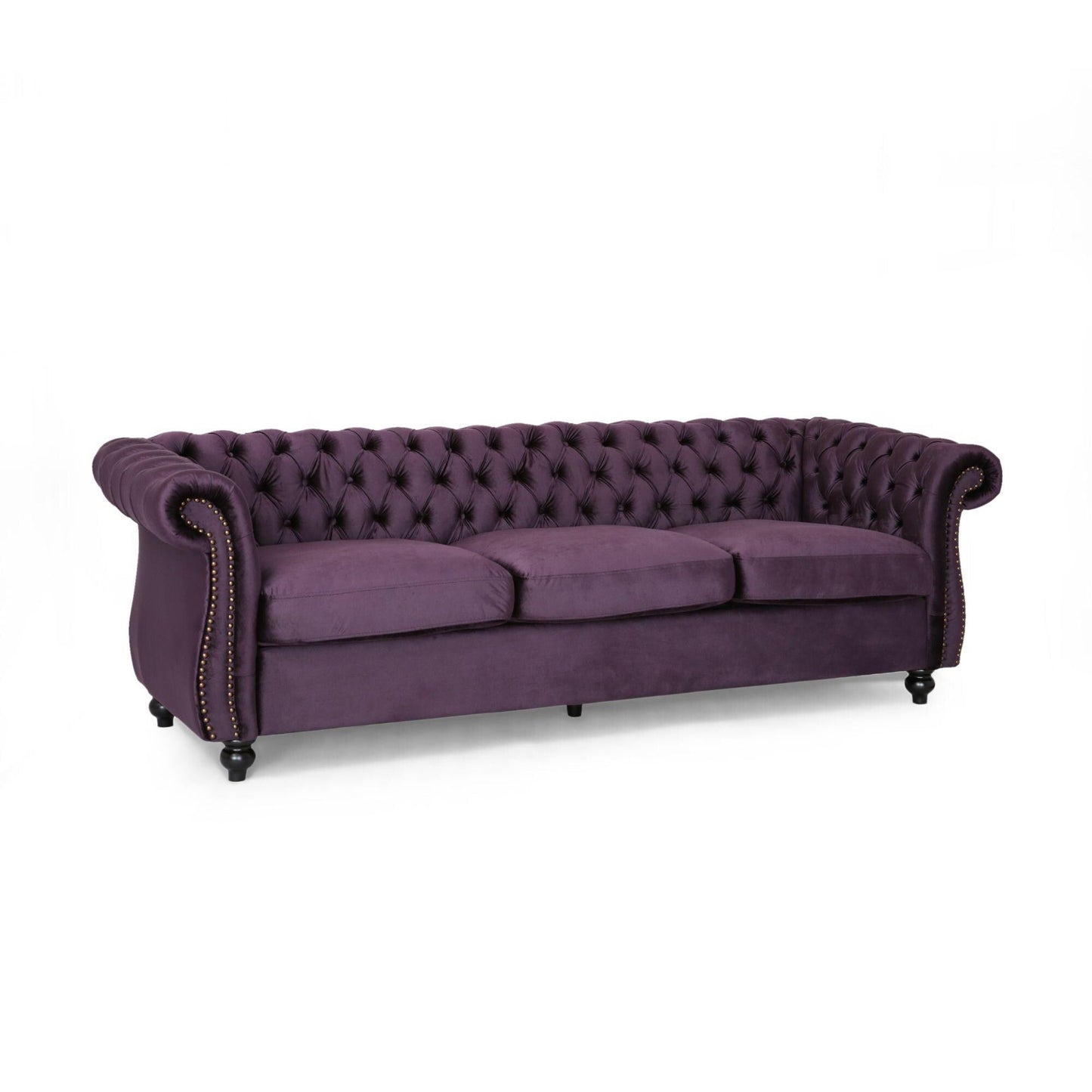 Divano Chesterfield 84.75 imbottito a 3 posti con bottoni, borchie e gambe in legno per soggiorno