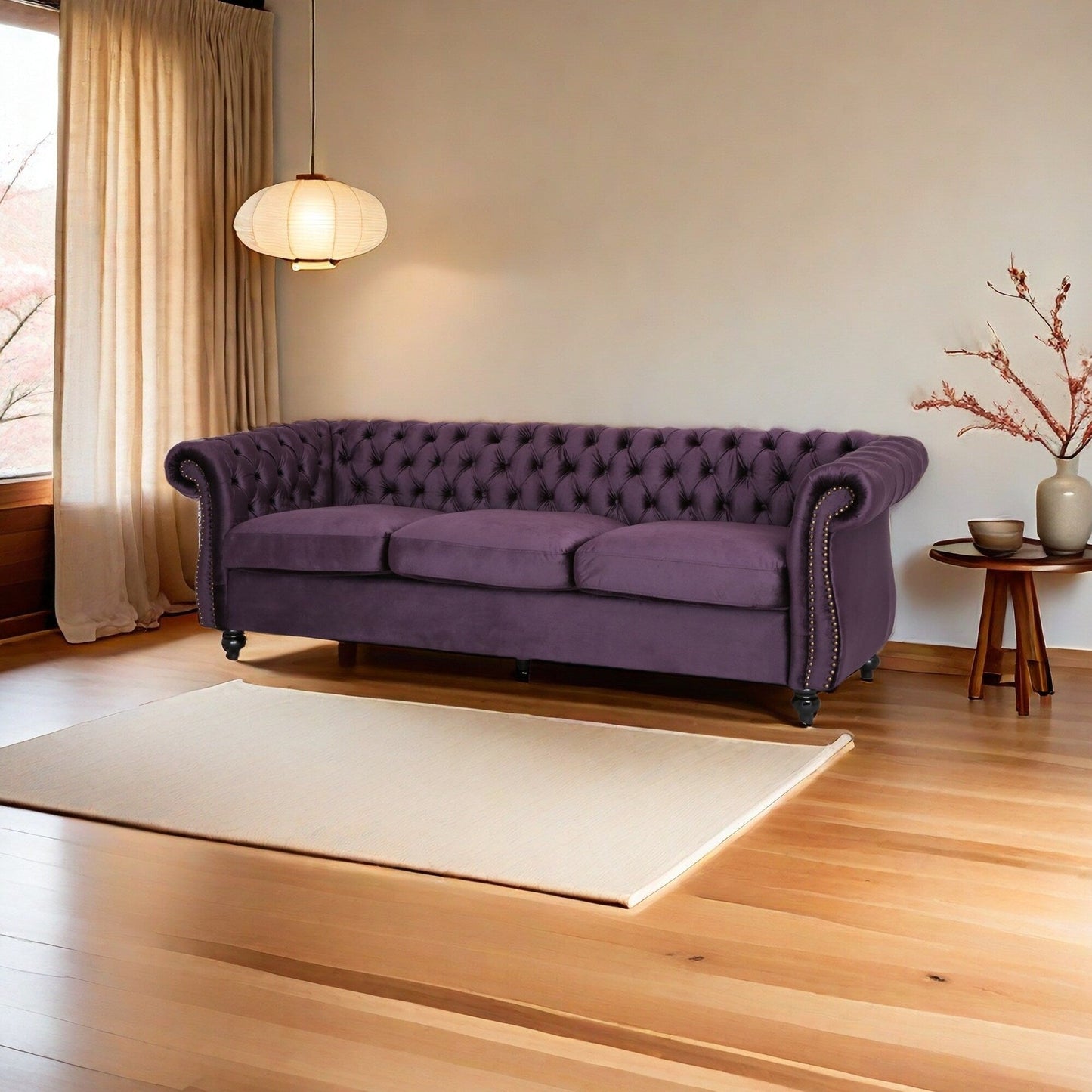 Divano Chesterfield 84.75 imbottito a 3 posti con bottoni, borchie e gambe in legno per soggiorno