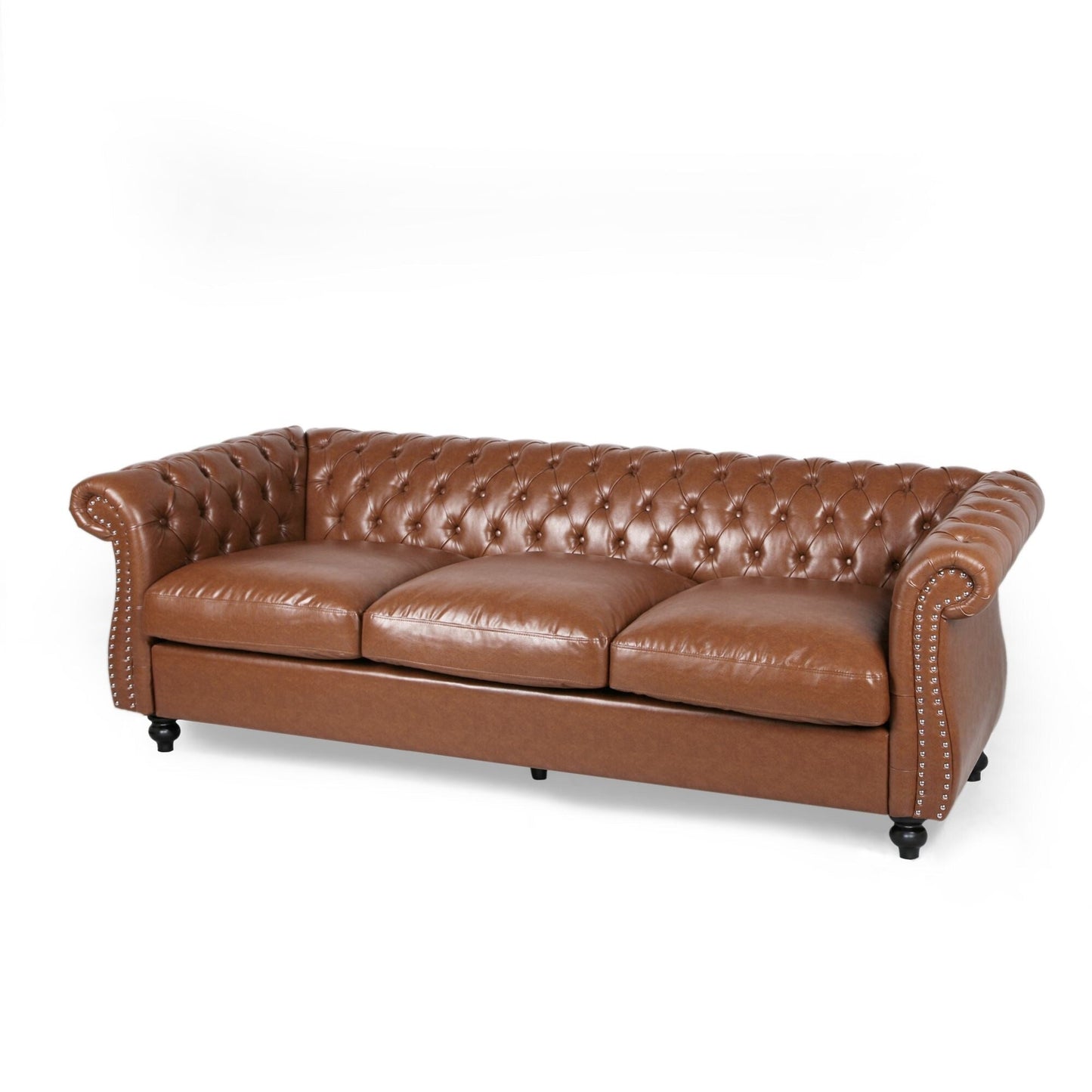 Divano Chesterfield 84.75 imbottito a 3 posti con bottoni, borchie e gambe in legno per soggiorno