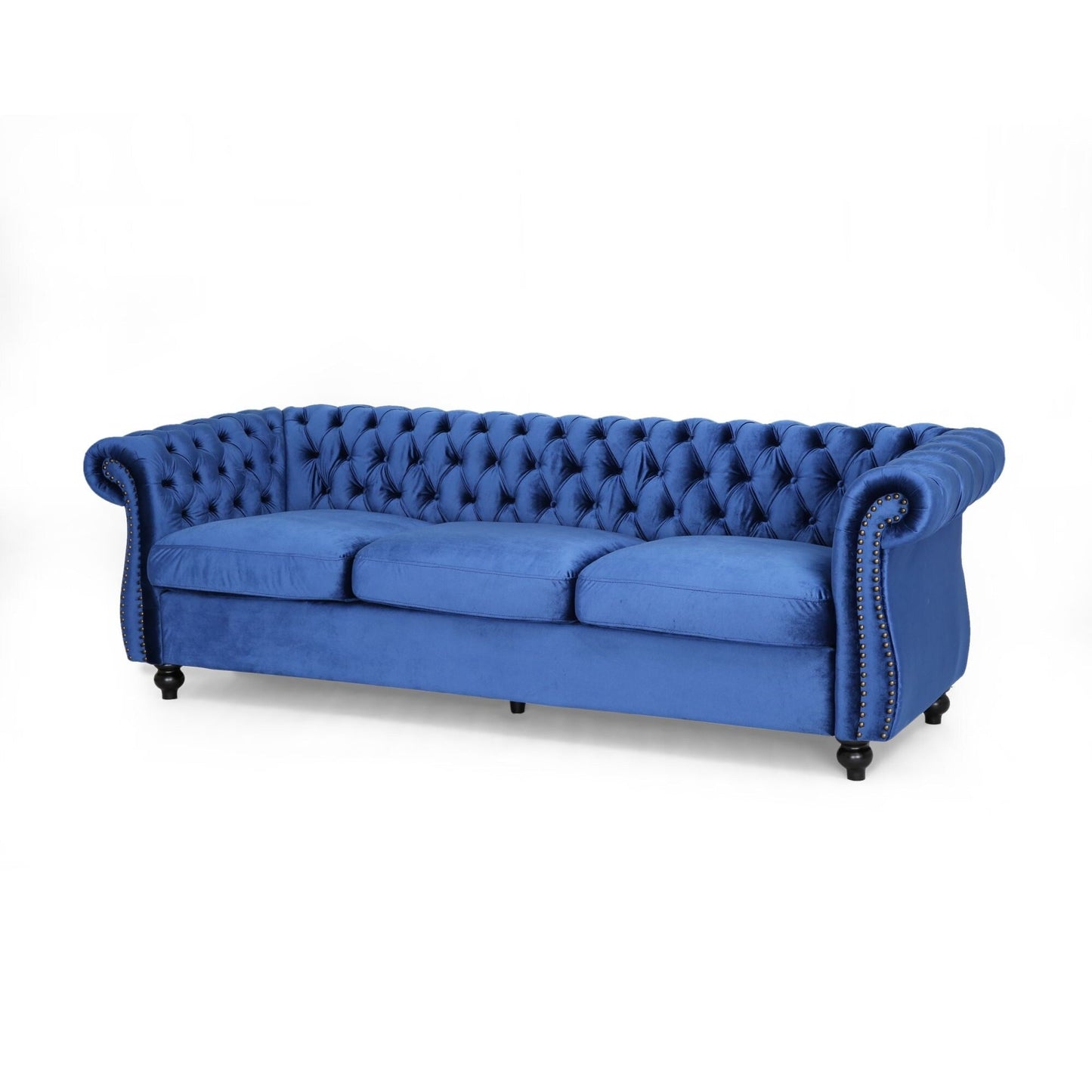 Divano Chesterfield 84.75 imbottito a 3 posti con bottoni, borchie e gambe in legno per soggiorno