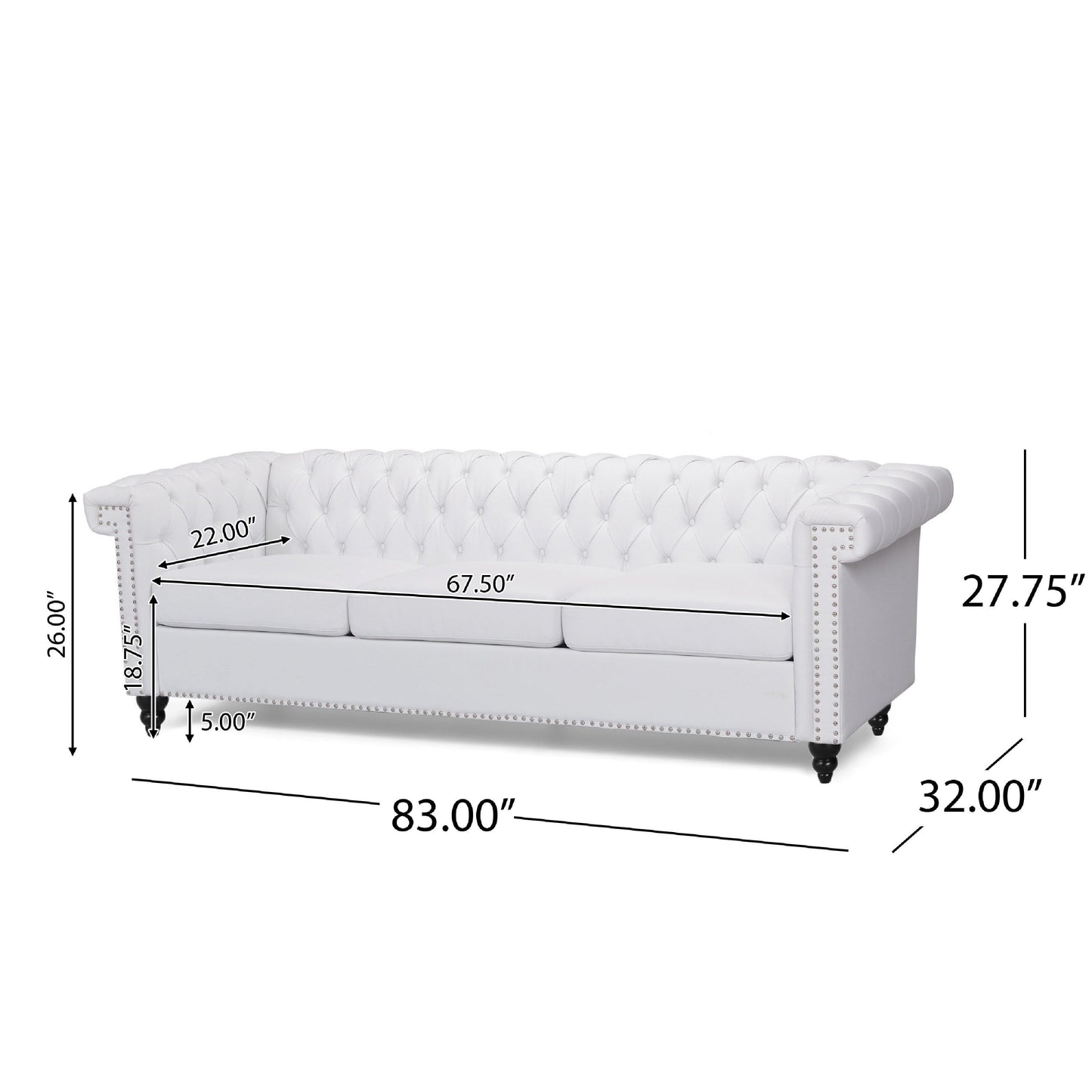 Divano Chis, Chesterfield profondo capitonné in similpelle bianca, 83 pollici