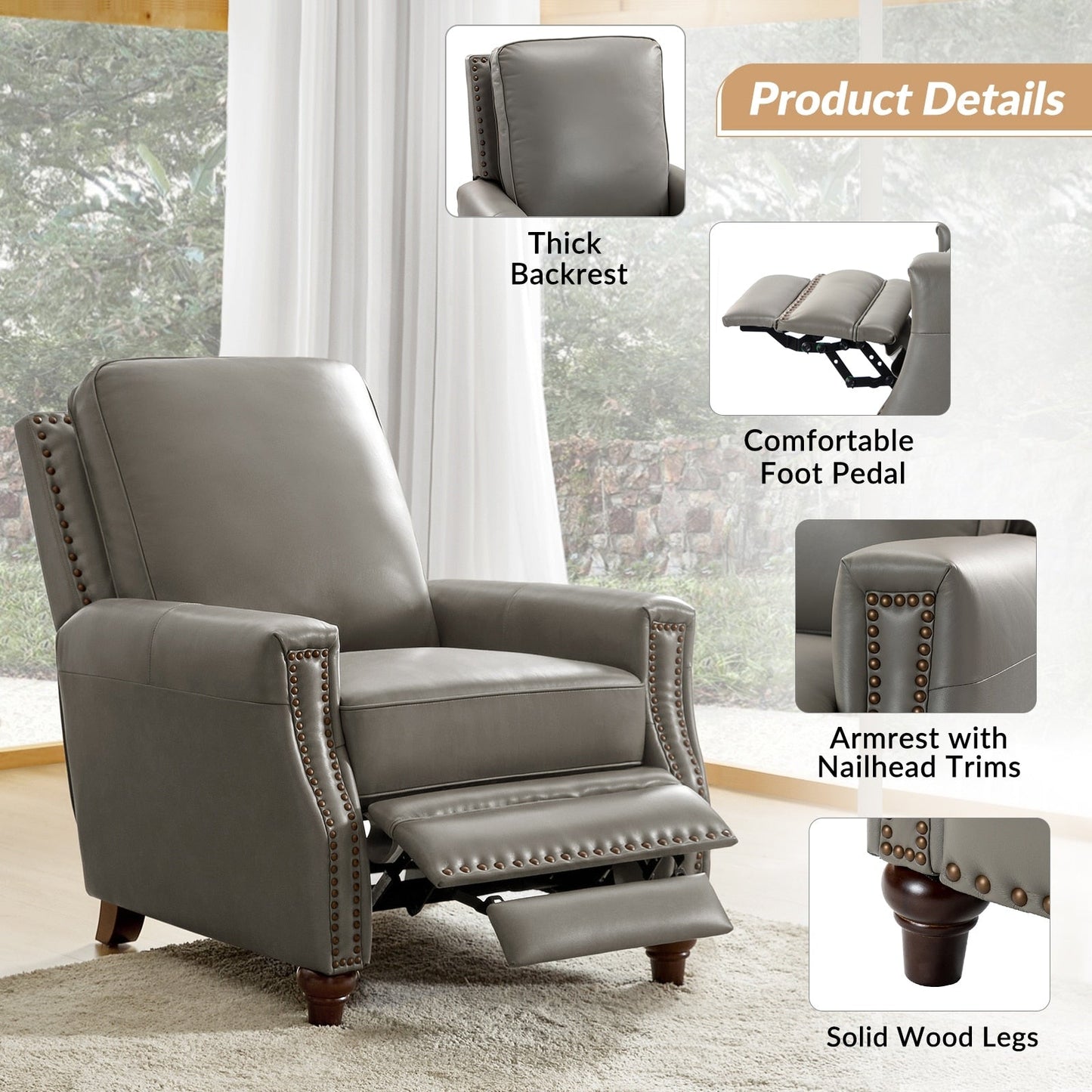 Poltrona reclinabile moderna in vera pelle con finiture a borchie in stile Cigar di HULALA HOME