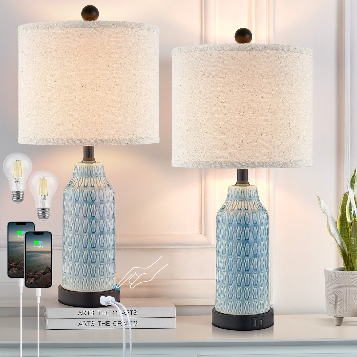Lampada da tavolo in ceramica blu con interruttore touch dimmer a 3 vie e due porte di ricarica USB (set da 2) - 11'' x 11'' x 23'' (L x P x A)