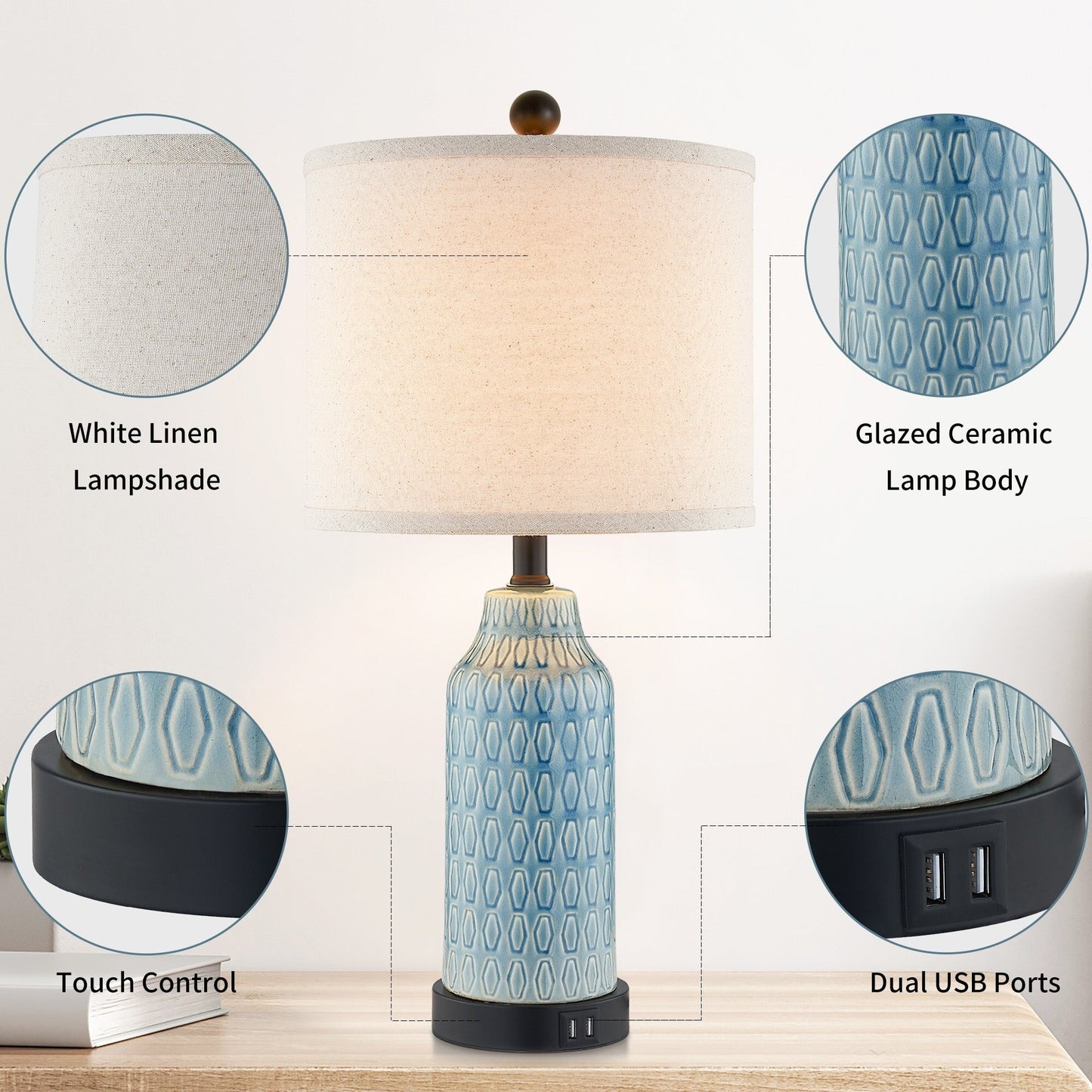 Lampada da tavolo in ceramica blu con interruttore touch dimmer a 3 vie e due porte di ricarica USB (set da 2) - 11'' x 11'' x 23'' (L x P x A)