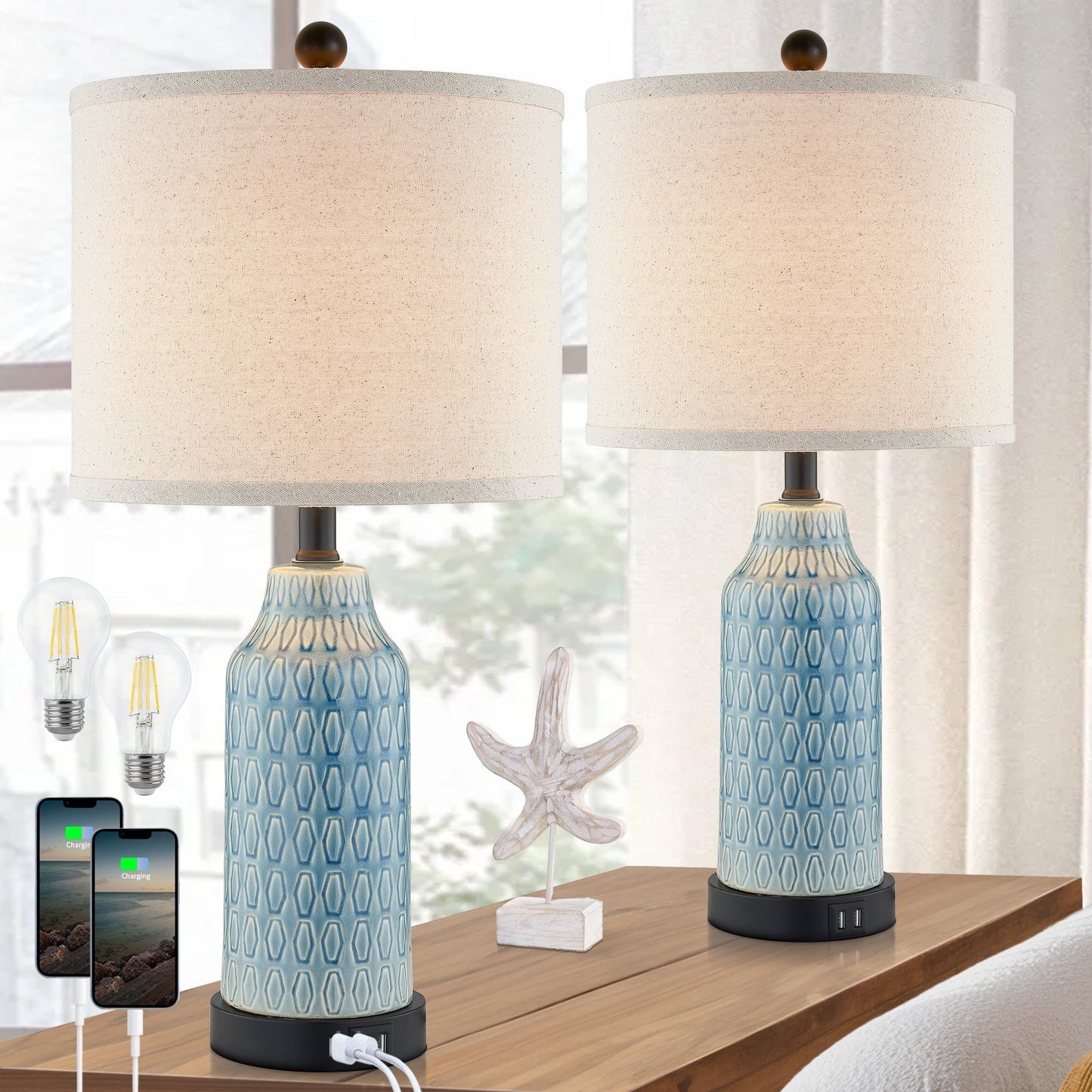 Lampada da tavolo in ceramica blu con interruttore touch dimmer a 3 vie e due porte di ricarica USB (set da 2) - 11'' x 11'' x 23'' (L x P x A)