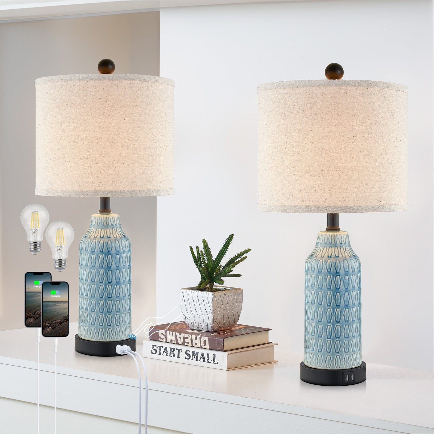 Lampada da tavolo in ceramica blu con interruttore touch dimmer a 3 vie e due porte di ricarica USB (set da 2) - 11'' x 11'' x 23'' (L x P x A)