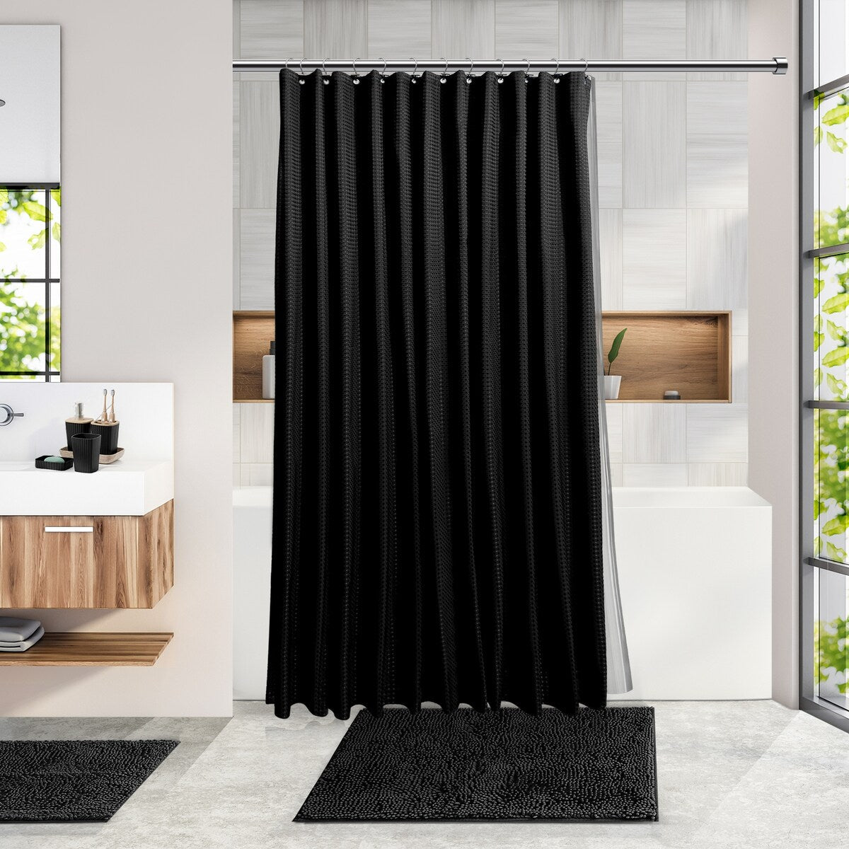 Set di accessori da bagno in bambù Clara Clark con tenda da doccia, scopino per WC, cestino e dispenser di sapone
