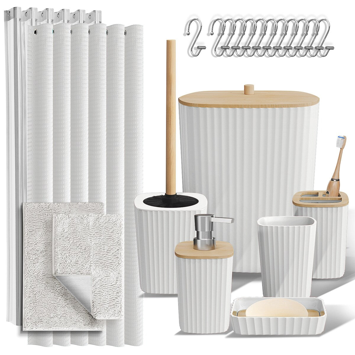 Set di accessori da bagno in bambù Clara Clark con tenda da doccia, scopino per WC, cestino e dispenser di sapone