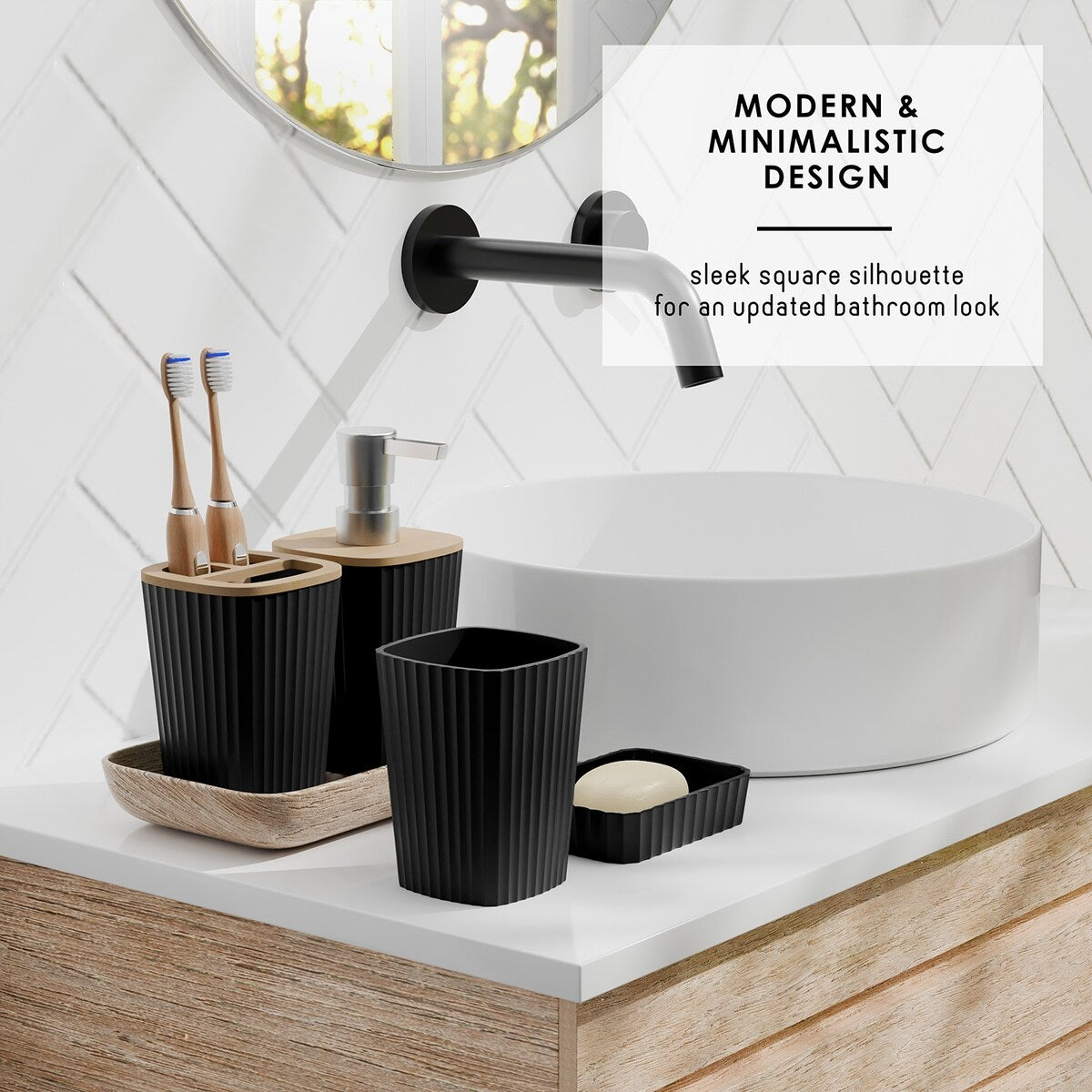 Set di accessori da bagno in bambù Clara Clark con tenda da doccia, scopino per WC, cestino e dispenser di sapone