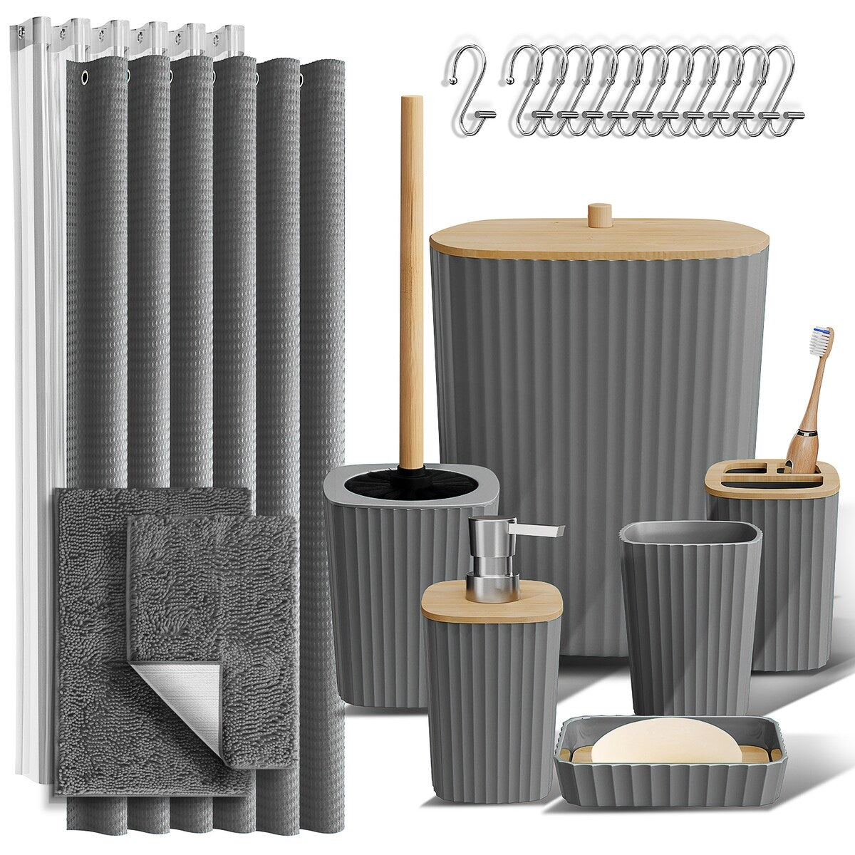 Set di accessori da bagno in bambù Clara Clark con tenda da doccia, scopino per WC, cestino e dispenser di sapone