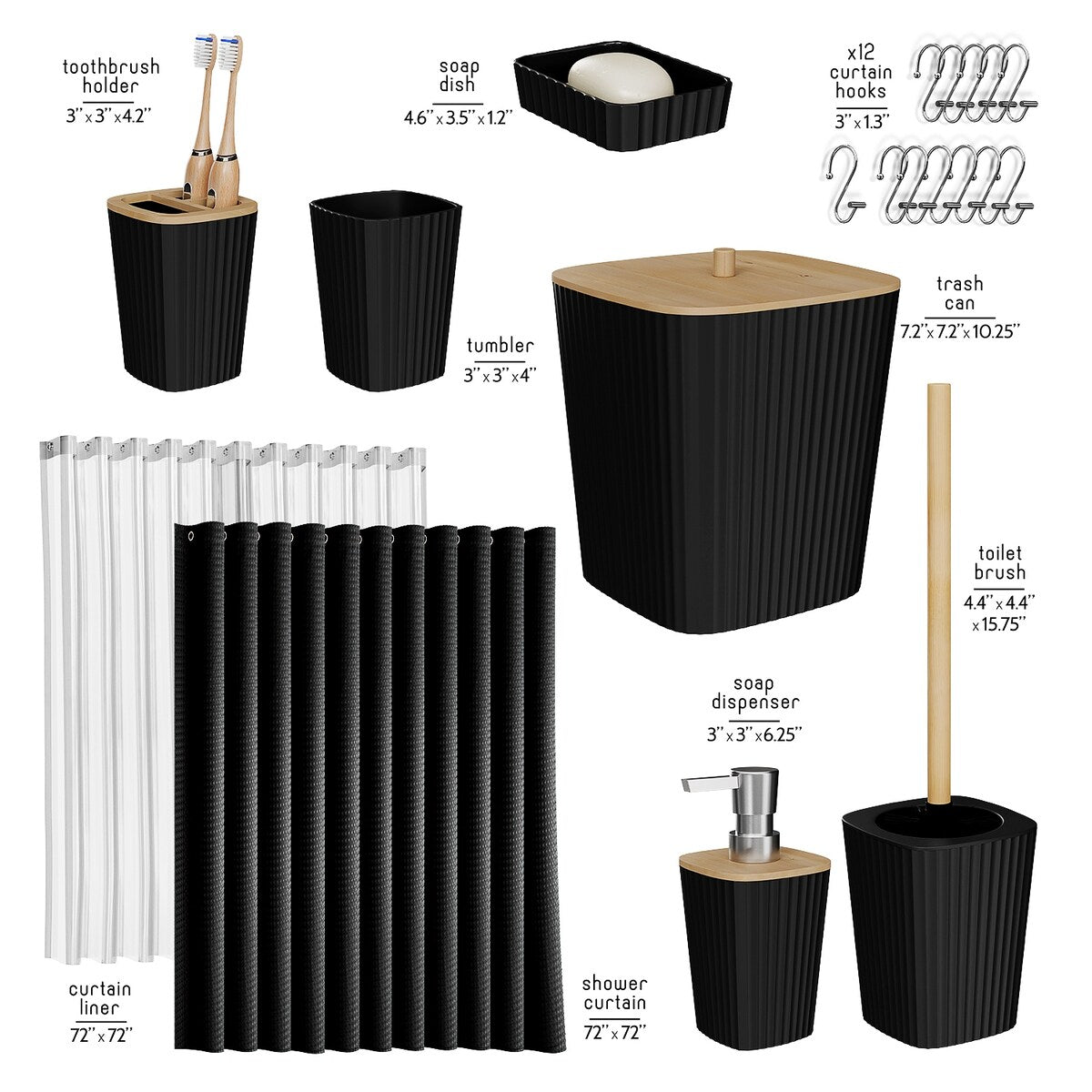 Set di accessori da bagno in bambù Clara Clark con tenda da doccia, scopino per WC, cestino e dispenser di sapone