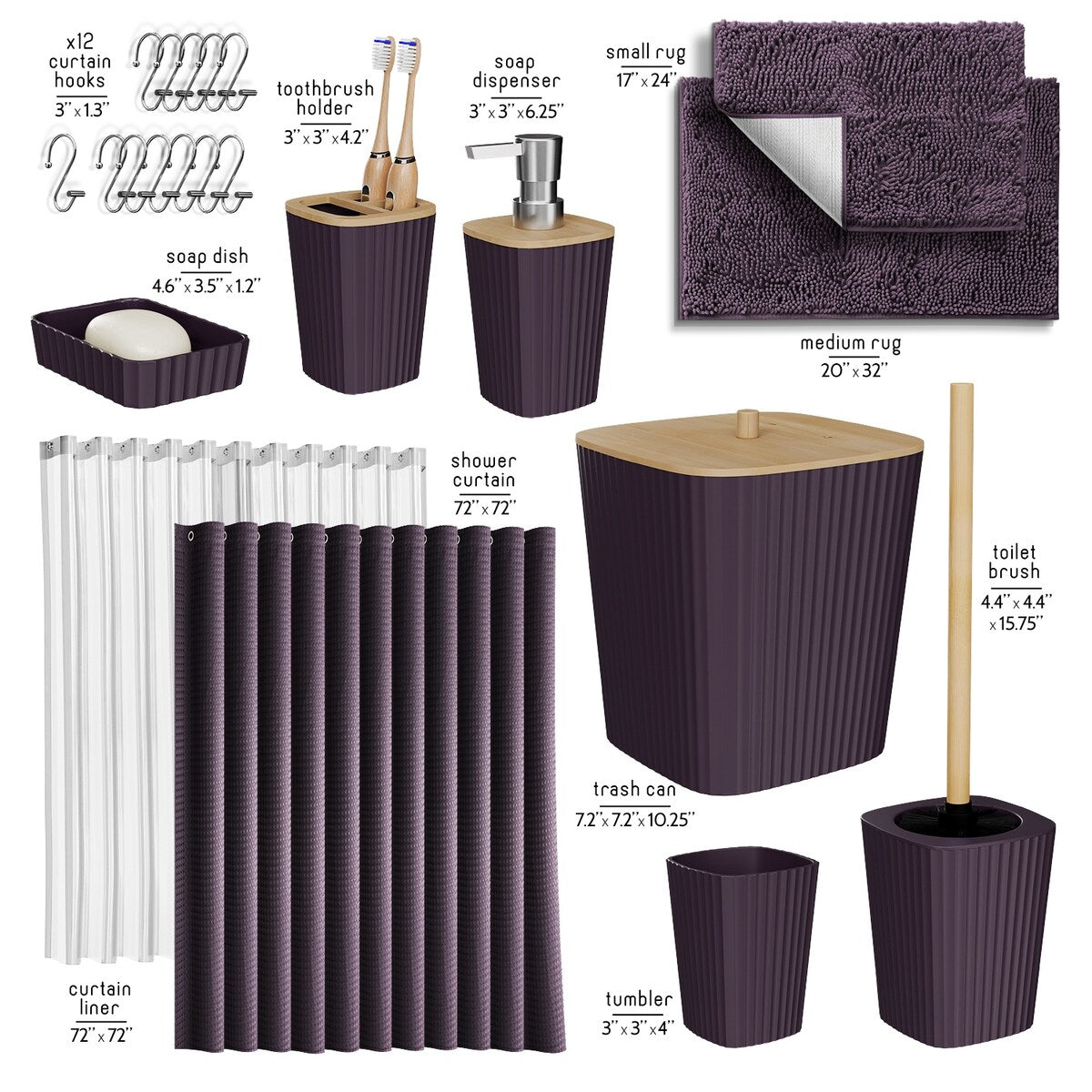 Set di accessori da bagno in bambù Clara Clark con tenda da doccia, scopino per WC, cestino e dispenser di sapone