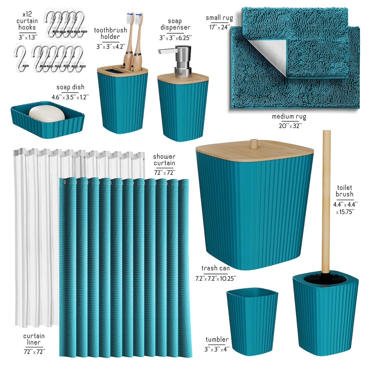 Set di accessori da bagno in bambù Clara Clark con tenda da doccia, scopino per WC, cestino e dispenser di sapone