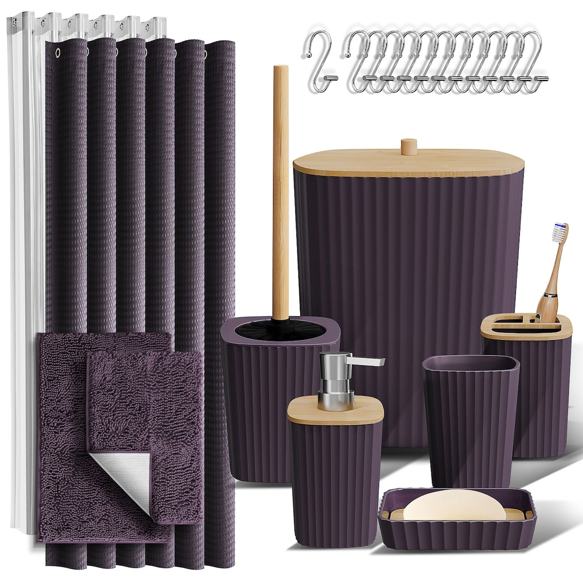 Set di accessori da bagno in bambù Clara Clark con tenda da doccia, scopino per WC, cestino e dispenser di sapone