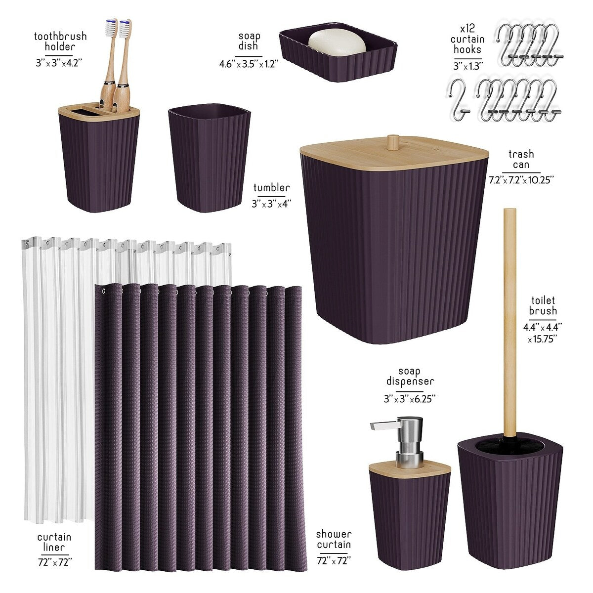 Set di accessori da bagno in bambù Clara Clark con tenda da doccia, scopino per WC, cestino e dispenser di sapone