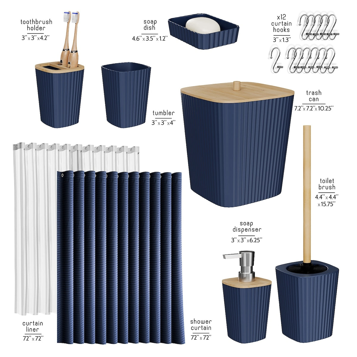 Set di accessori da bagno in bambù Clara Clark con tenda da doccia, scopino per WC, cestino e dispenser di sapone