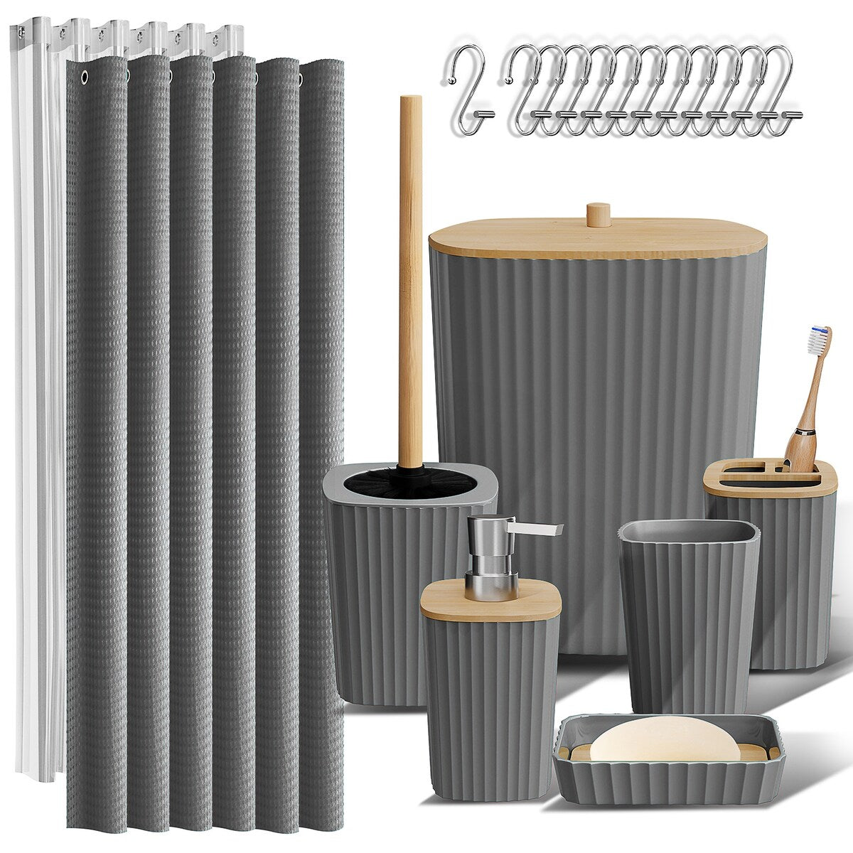 Set di accessori da bagno in bambù Clara Clark con tenda da doccia, scopino per WC, cestino e dispenser di sapone