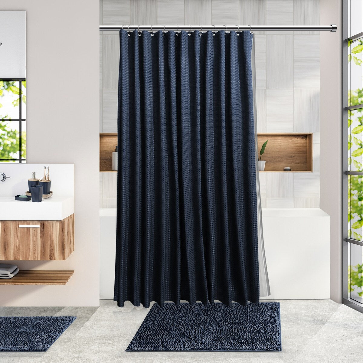 Set di accessori da bagno in bambù Clara Clark con tenda da doccia, scopino per WC, cestino e dispenser di sapone