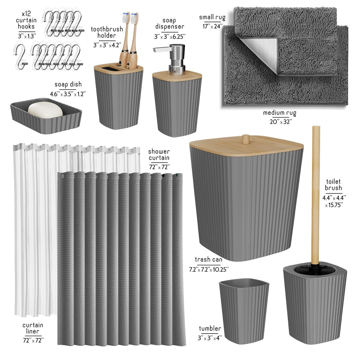 Set di accessori da bagno in bambù Clara Clark con tenda da doccia, scopino per WC, cestino e dispenser di sapone