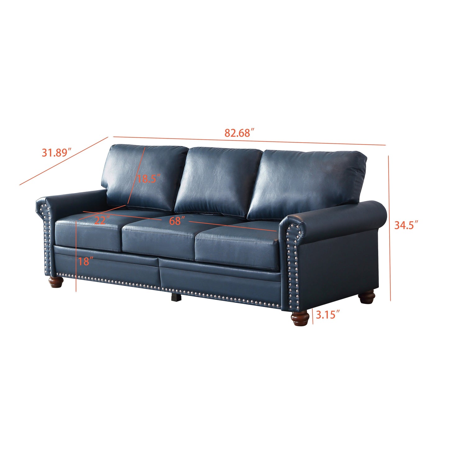 Divano classico 83 a 3 posti rivestito in pelle PU con contenitore inferiore e decorazione a borchie