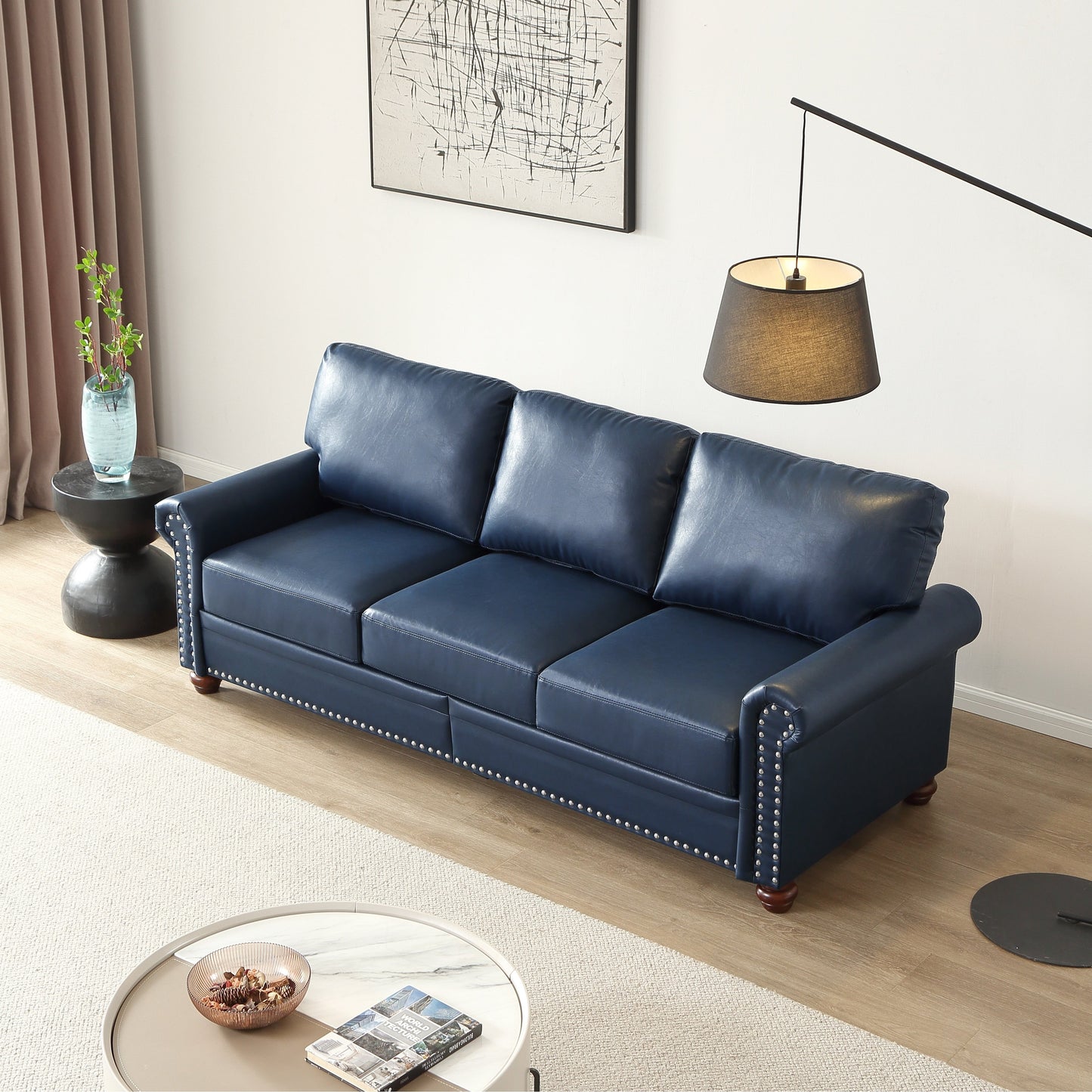 Divano classico 83 a 3 posti rivestito in pelle PU con contenitore inferiore e decorazione a borchie