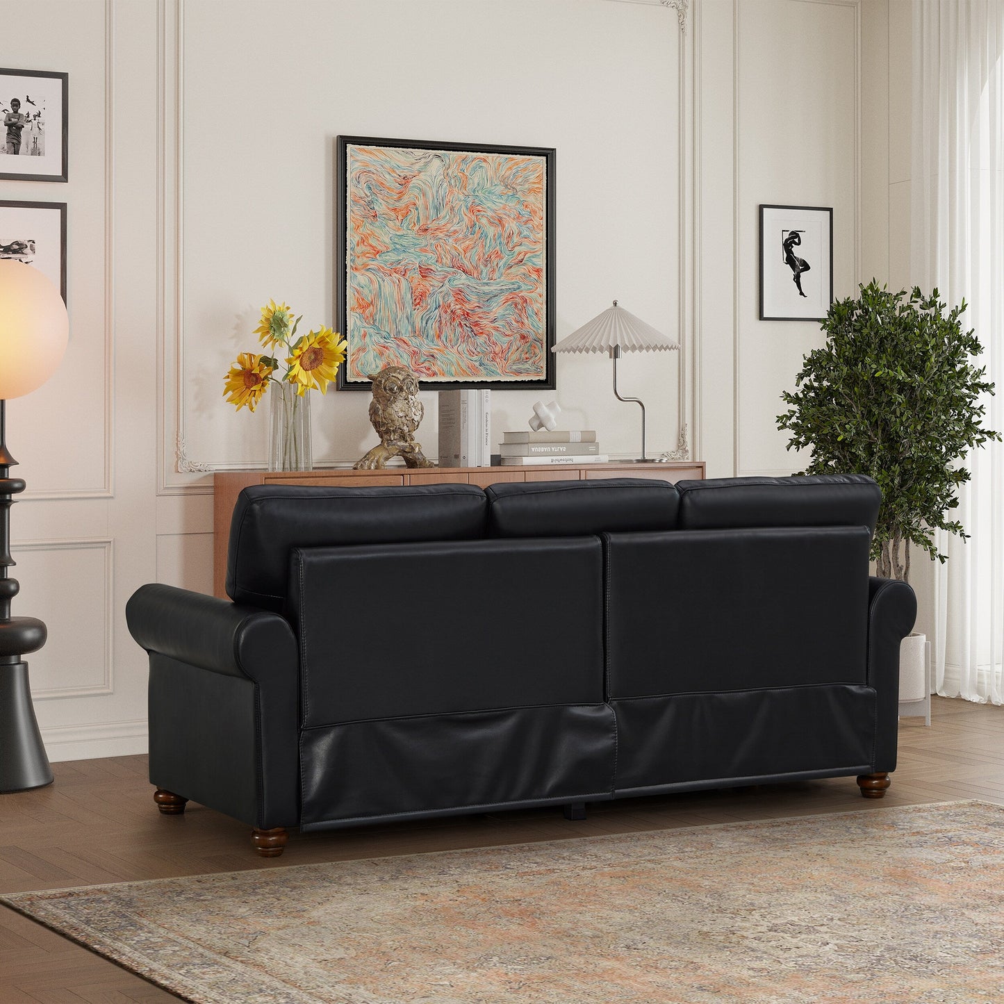 Divano classico 83 a 3 posti rivestito in pelle PU con contenitore inferiore e decorazione a borchie