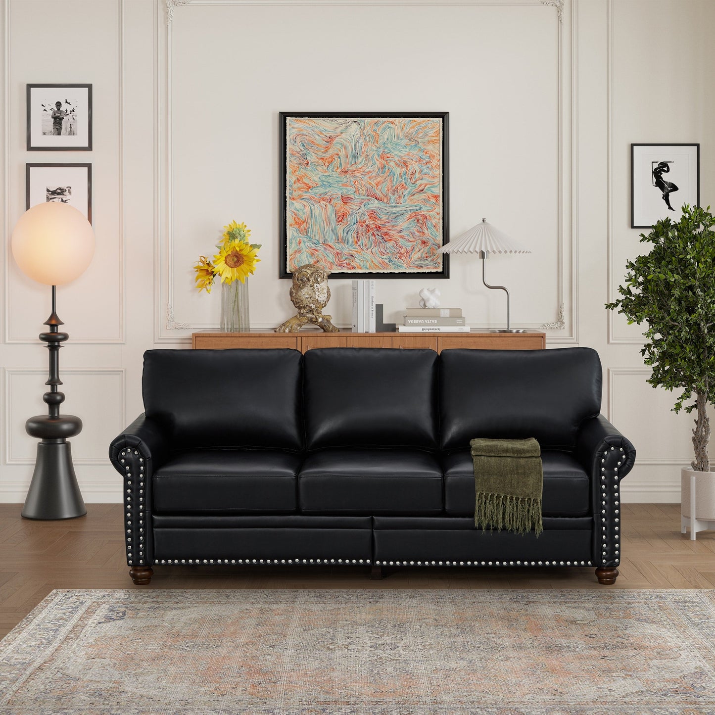 Divano classico 83 a 3 posti rivestito in pelle PU con contenitore inferiore e decorazione a borchie