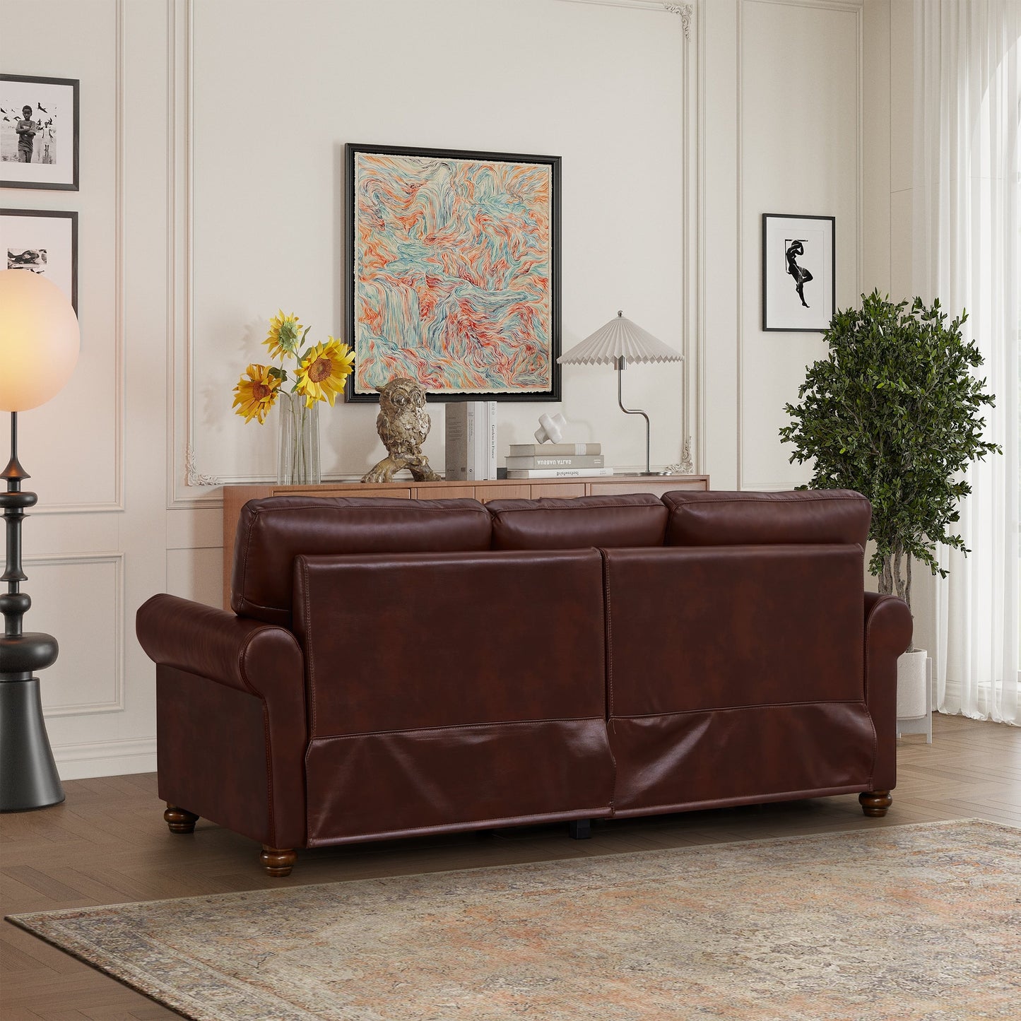 Divano classico 83 a 3 posti rivestito in pelle PU con contenitore inferiore e decorazione a borchie