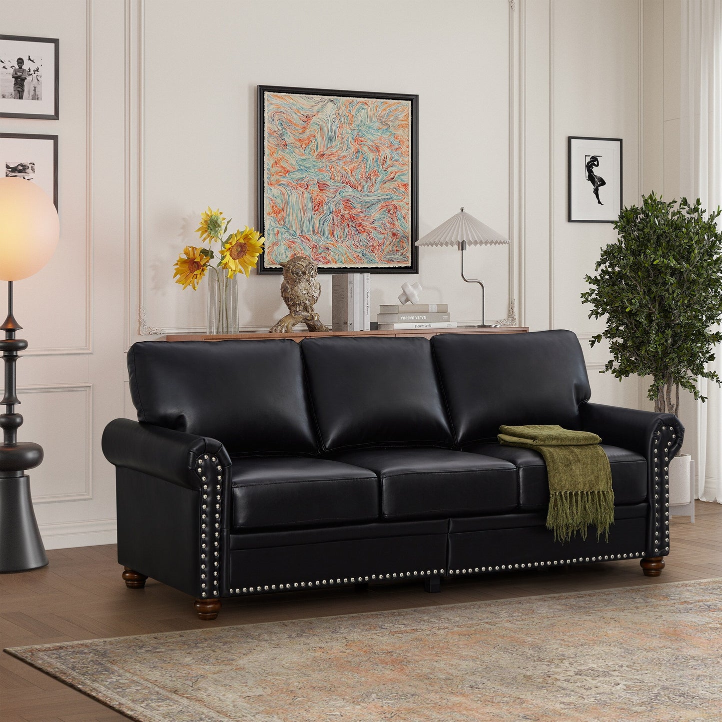 Divano classico 83 a 3 posti rivestito in pelle PU con contenitore inferiore e decorazione a borchie
