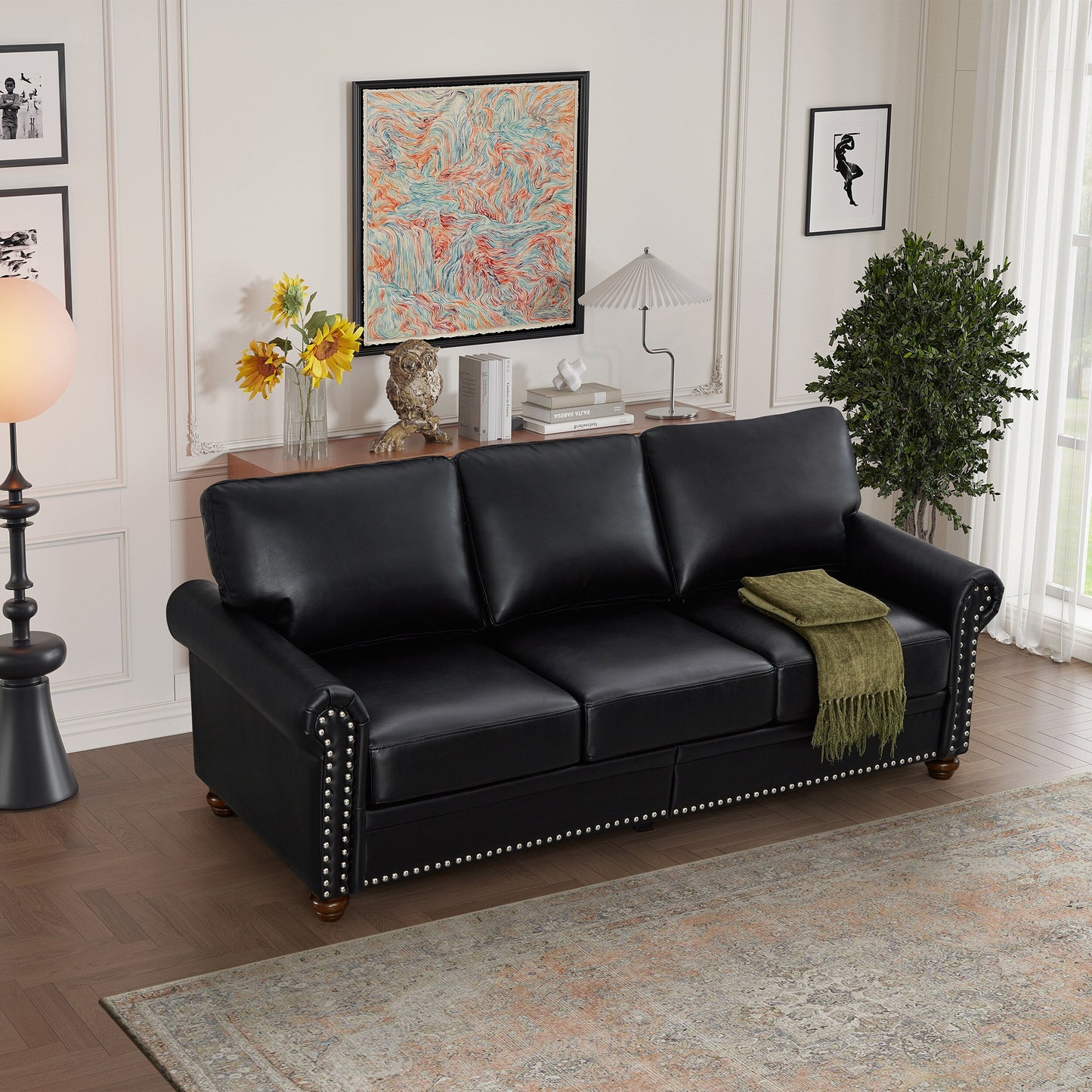 Divano classico 83 a 3 posti rivestito in pelle PU con contenitore inferiore e decorazione a borchie