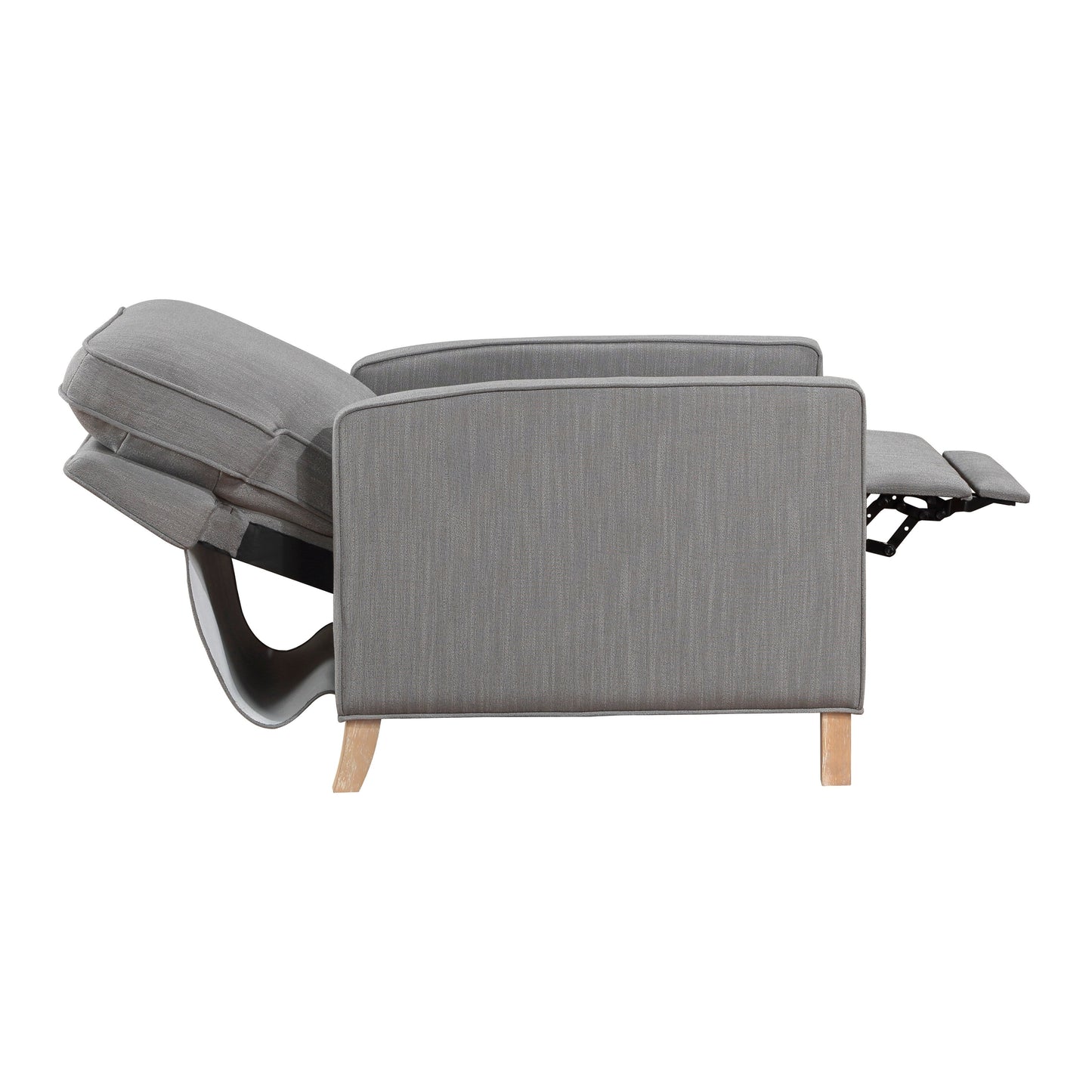 Poltrona reclinabile classica tradizionale con schienale a spinta, rivestimento in tessuto grigio, cuscino per seduta, mobili in legno massello, 1 pezzo