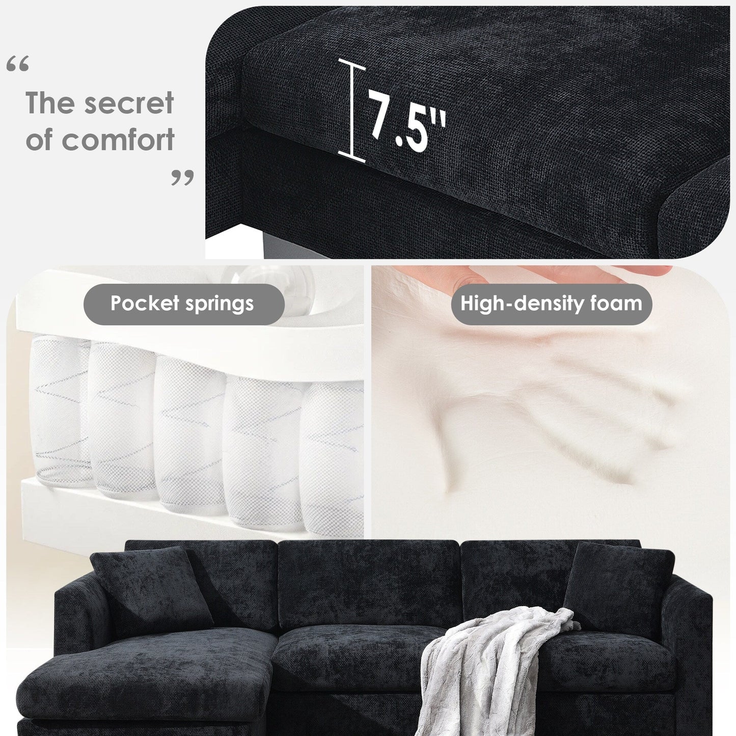 Divano componibile Cloud, set di divani di lusso a L con 2 cuscini gratuiti, mobili da interno in ciniglia a 4 posti con chaise longue oversize