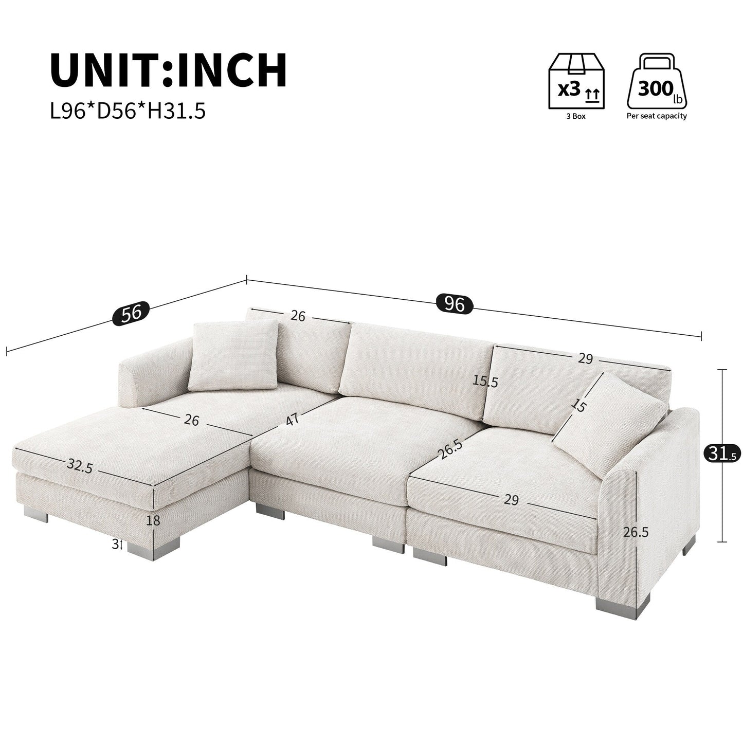 Divano componibile Cloud, set di divani di lusso a L con 2 cuscini gratuiti, mobili da interno in ciniglia a 4 posti con chaise longue oversize