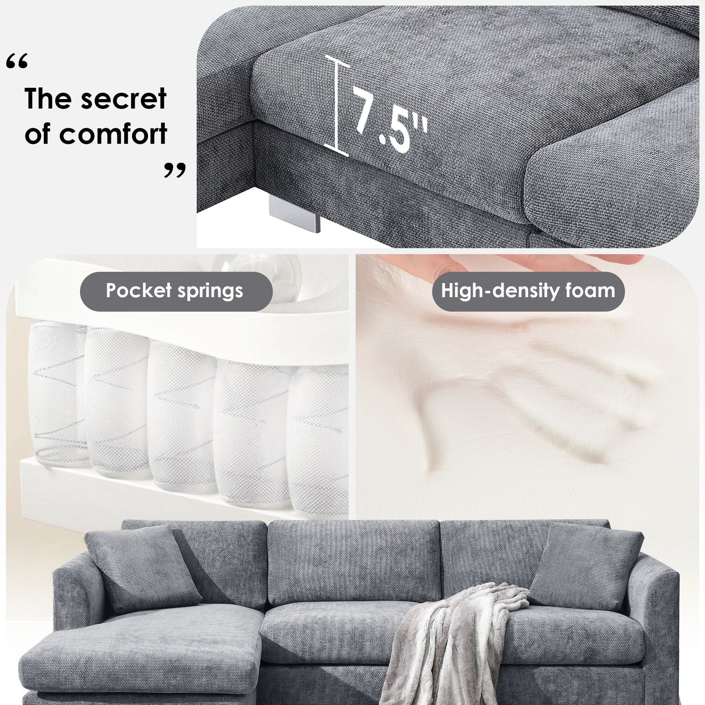 Divano componibile Cloud, set di divani di lusso a L con 2 cuscini gratuiti, mobili da interno in ciniglia a 4 posti con chaise longue oversize