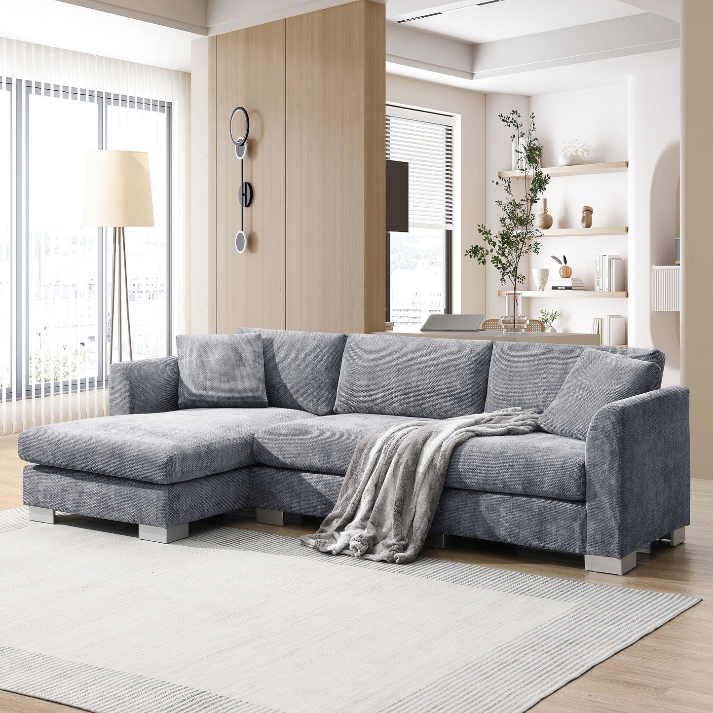 Divano componibile Cloud, set di divani di lusso a L con 2 cuscini gratuiti, mobili da interno in ciniglia a 4 posti con chaise longue oversize