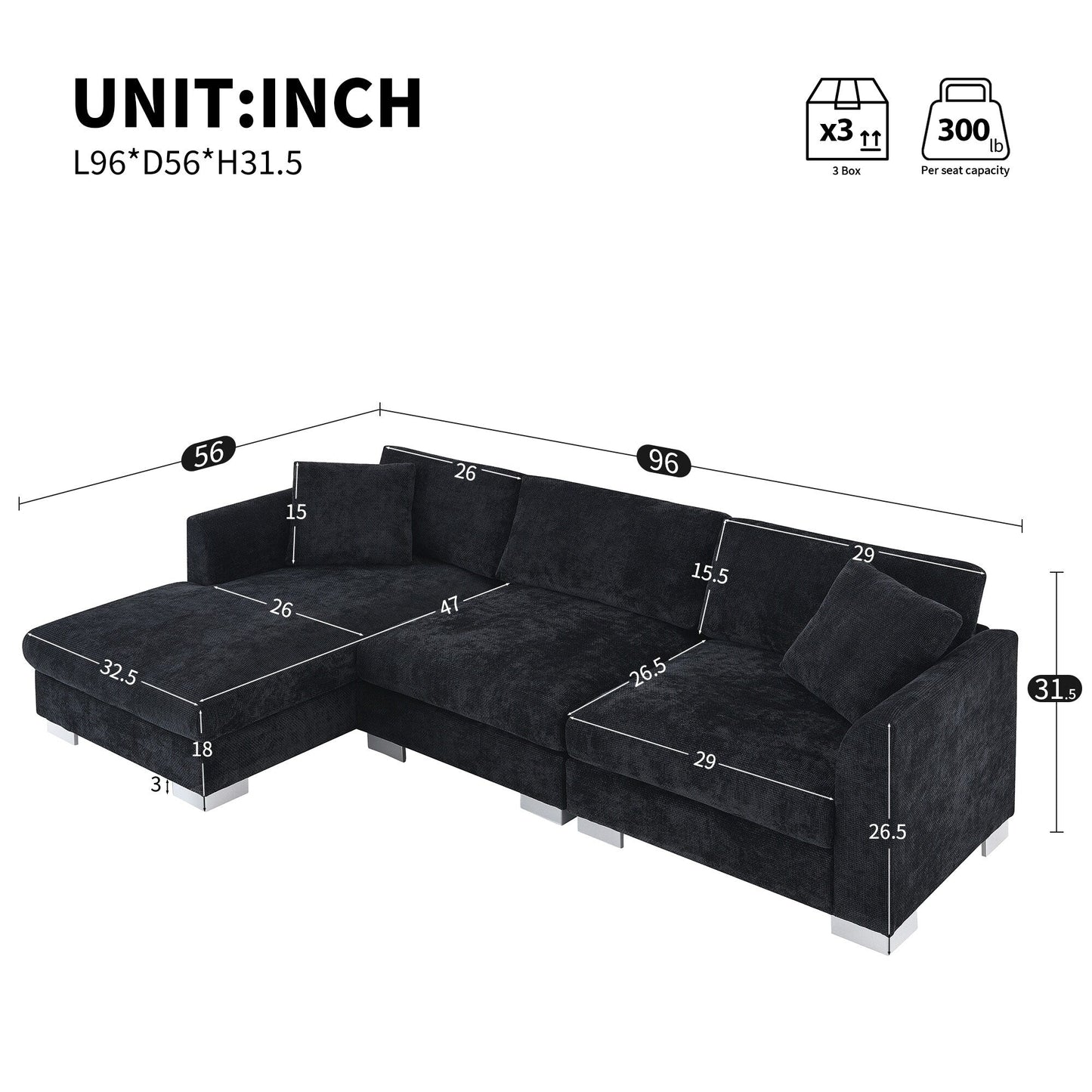 Divano componibile Cloud, set di divani di lusso a L con 2 cuscini gratuiti, mobili da interno in ciniglia a 4 posti con chaise longue oversize