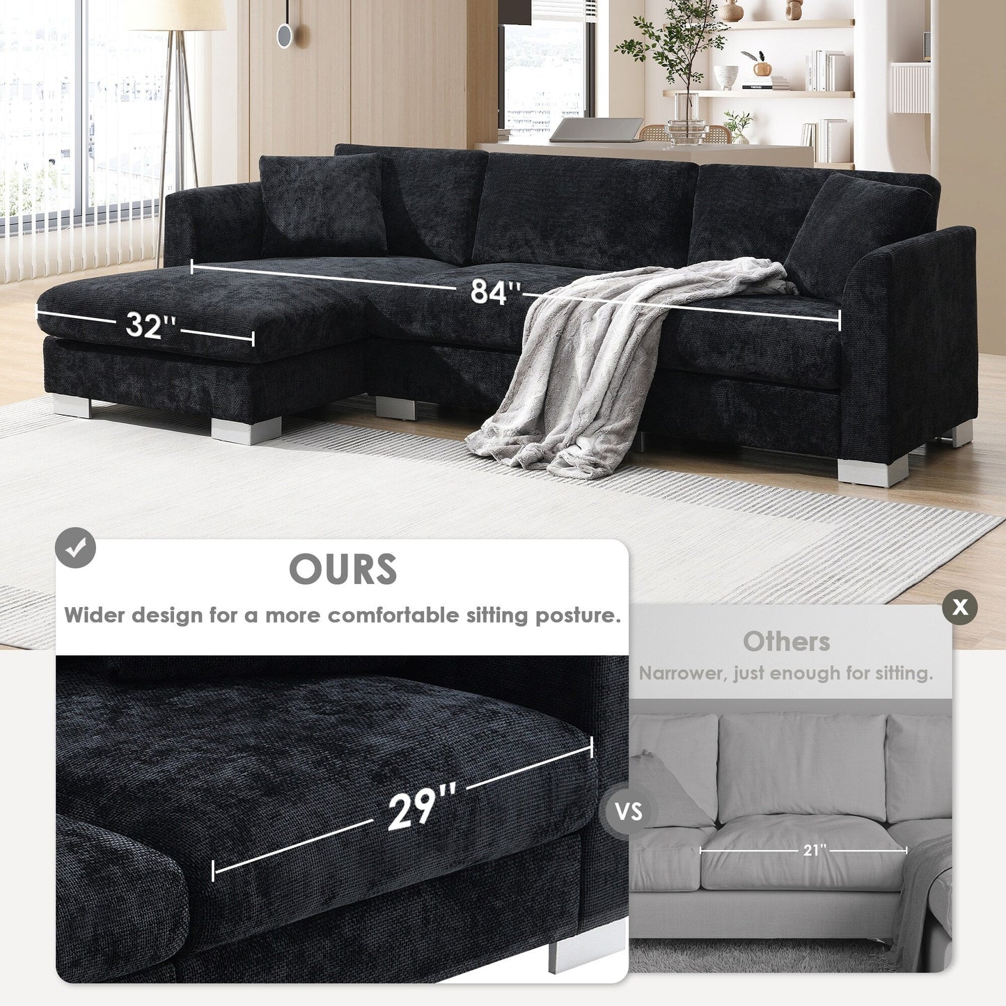 Divano componibile Cloud, set di divani di lusso a L con 2 cuscini gratuiti, mobili da interno in ciniglia a 4 posti con chaise longue oversize