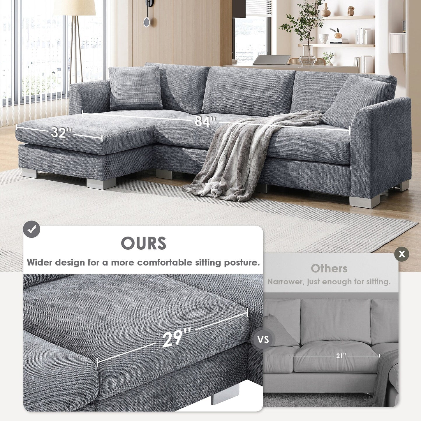 Divano componibile Cloud, set di divani di lusso a L con 2 cuscini gratuiti, mobili da interno in ciniglia a 4 posti con chaise longue oversize