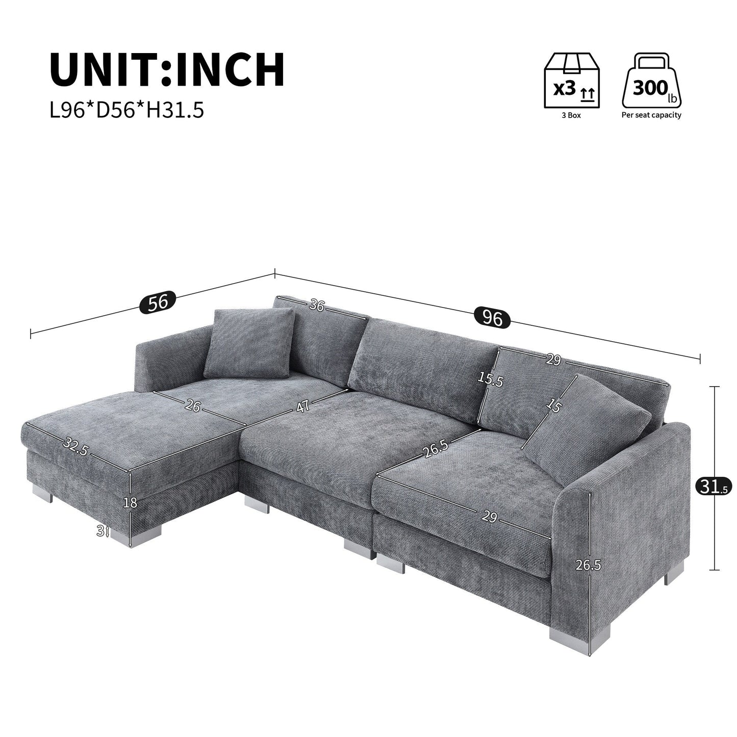 Divano componibile Cloud, set di divani di lusso a L con 2 cuscini gratuiti, mobili da interno in ciniglia a 4 posti con chaise longue oversize