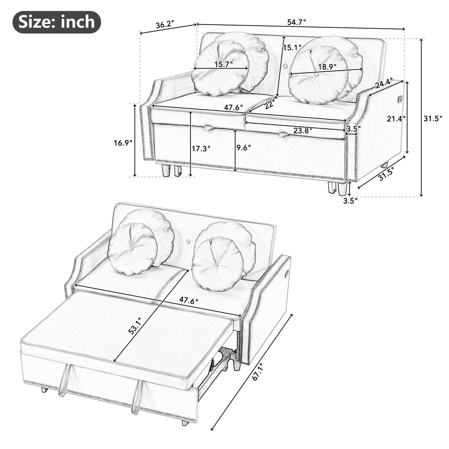 Divano letto regolabile in poliestere Coffee 54.7 con due porte USB e quattro cuscini lombari floreali