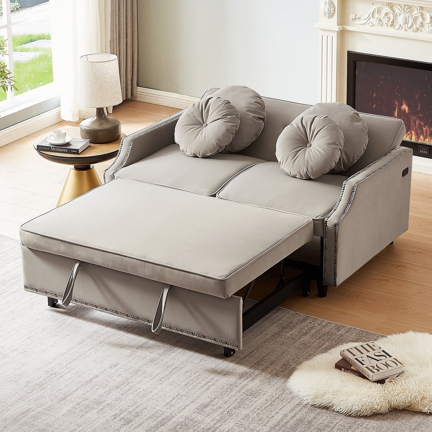 Divano letto regolabile in poliestere Coffee 54.7 con due porte USB e quattro cuscini lombari floreali